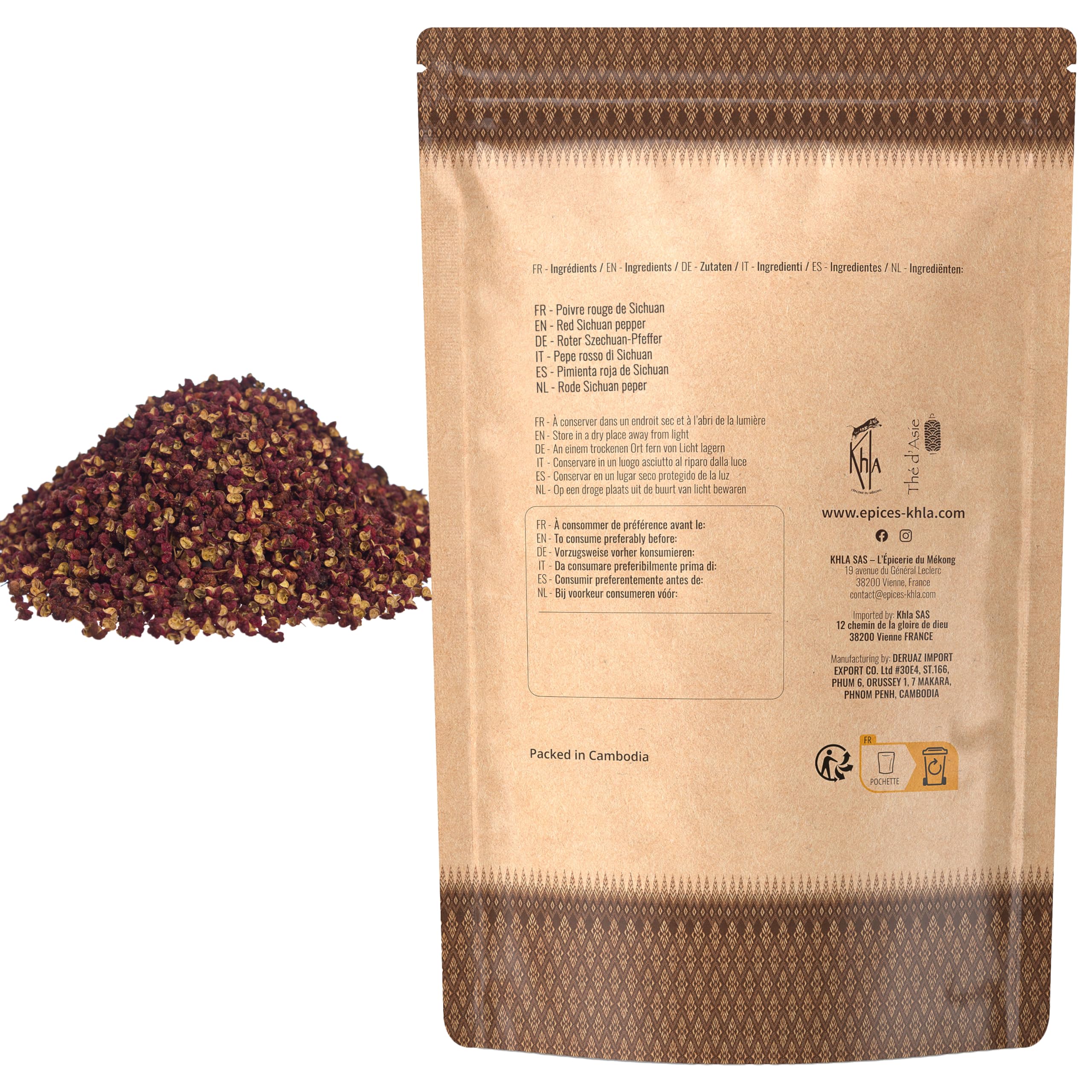 Khla - Pepe rosso di Sichuan - Bustina di grani di pepe 500g - Ingredienti Alimenti raffinati - Bacche rosse di Sichuan - Direttamente dal produttore - Spezia asiatica - Origine Cina