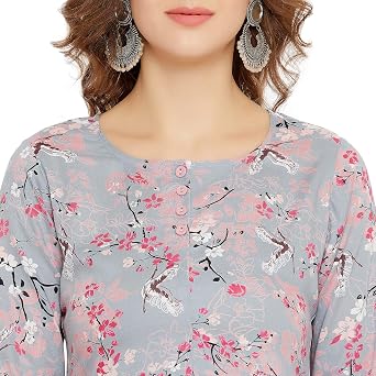 Tissu Women's Rayon Grey & Pink Floral Printed Kurti