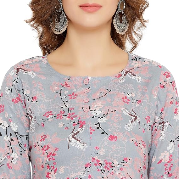 Tissu Women's Rayon Grey & Pink Floral Printed Kurti