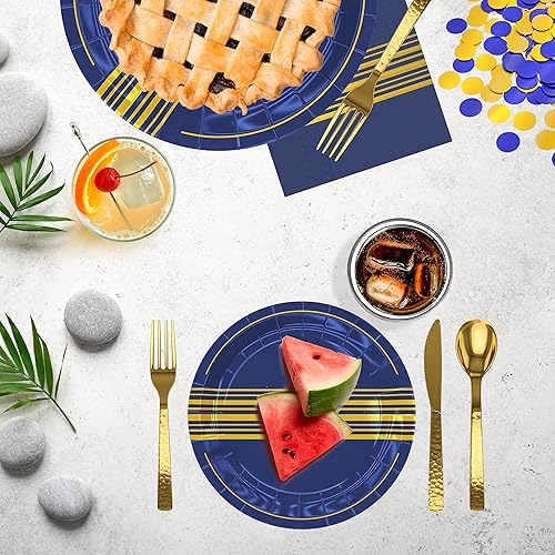 Miniatura 5 de Juego de platos y servilletas de papel azul marino dorado para 36 invitados, vasos de papel azul rey de 12 onzas, cubiertos, juego de vajilla