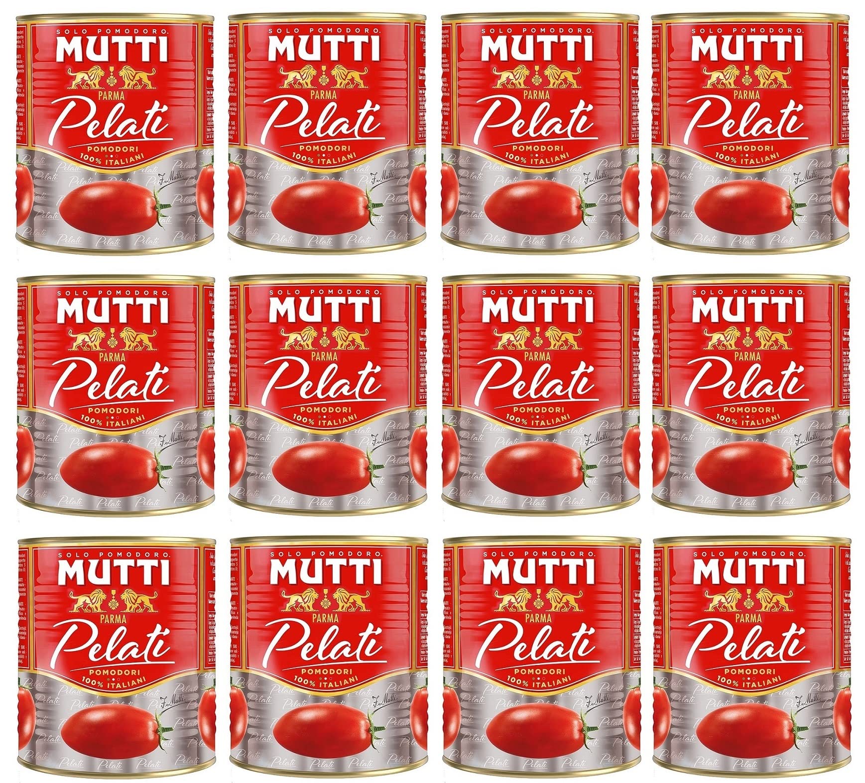 Mutti Pomodori Pelati - Juego de 12 tomates pelados, 100 % tomates italianos, 800 g, lata de tomates