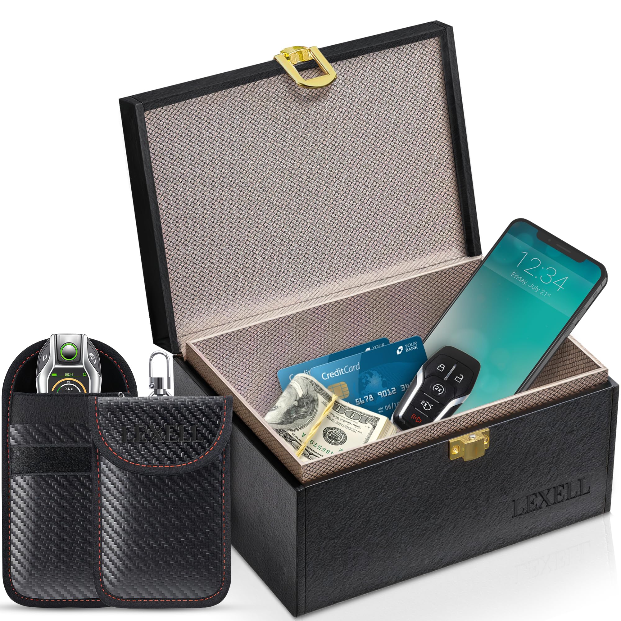 Faraday Box for Car Keys with Pouch 2 Pack - Premium Leather Car Key Signal Blocker Box and RFID Key Pouch - Anti Theft Signal Blocking Box for Car Keys - Keyless Car Key Protector Box