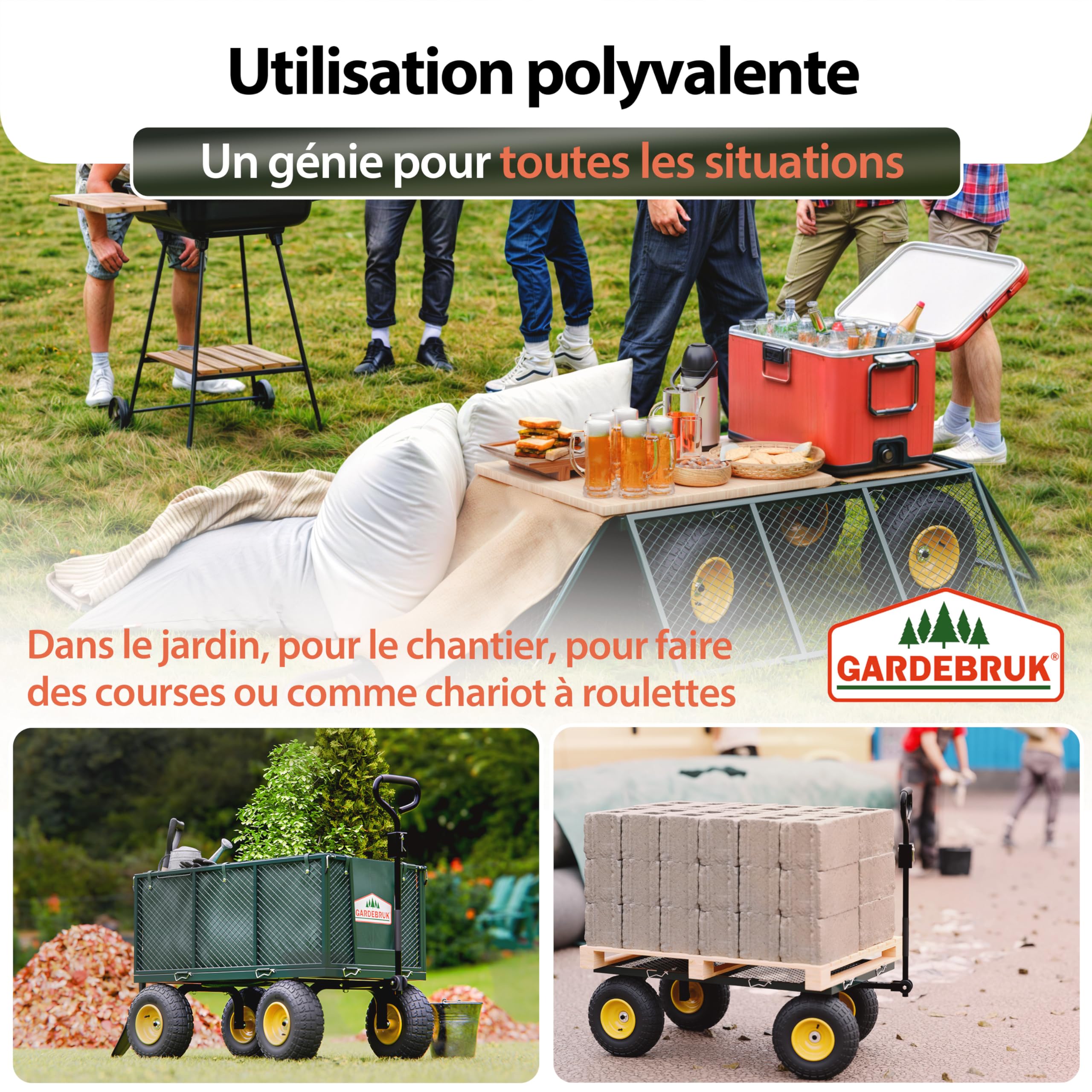 GARDEBRUK® Chariot à roulettes Pliable 550kg Robuste bâche Amovible Chariot de Plage Chariot de Transport brouette Chariot Jardin remorque