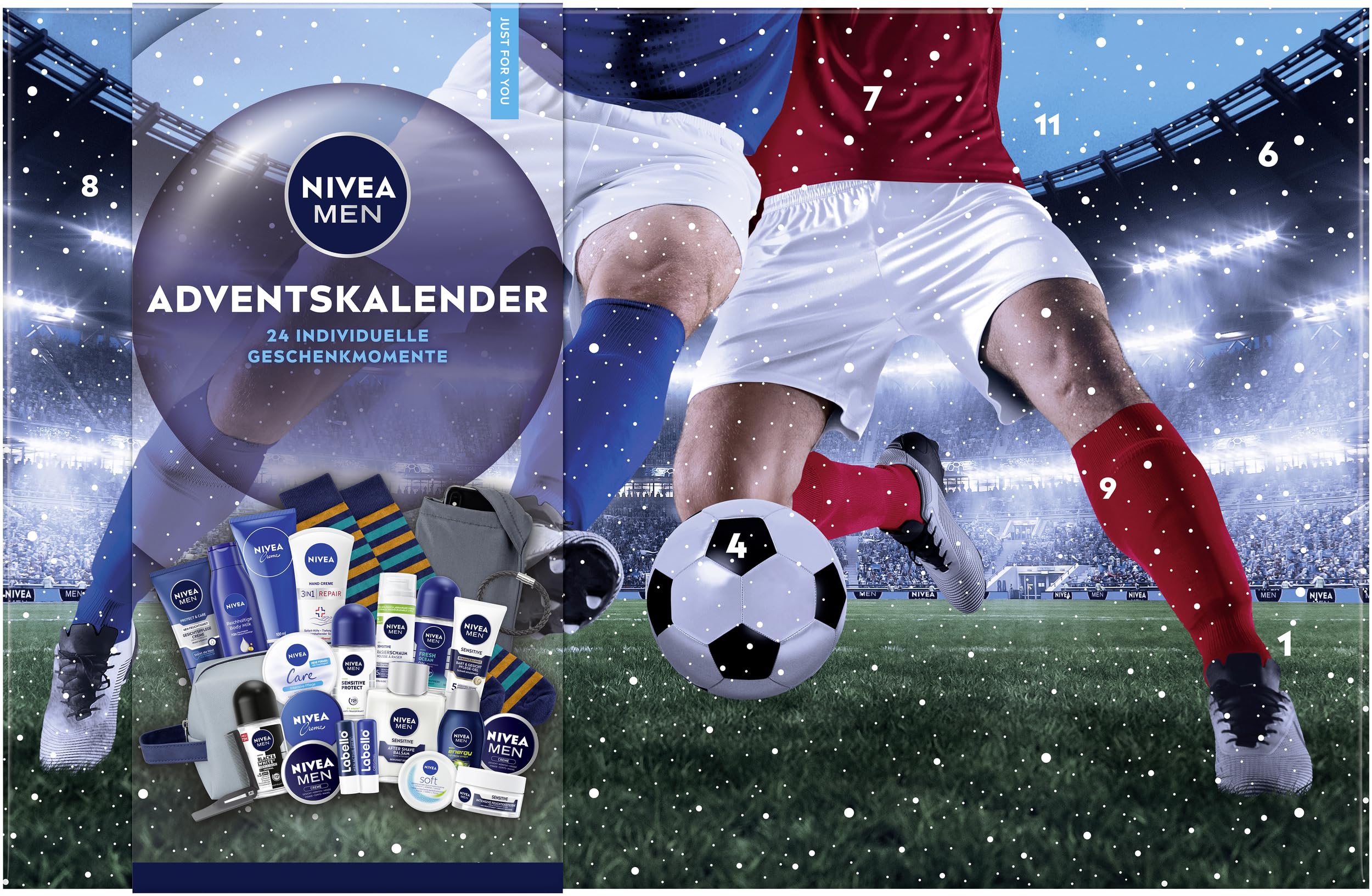 NIVEA MEN Adventskalender 2025-24 Türchen mit verwöhnenden Überraschungen, Weihnachtskalender mit Pflegeprodukten für die Adventszeit, NIVEA MEN, NIVEA und Labello Produkte