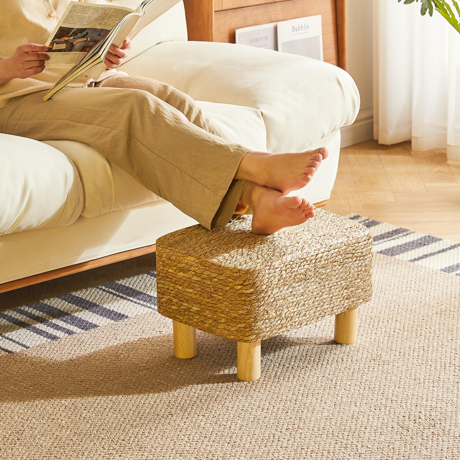 YMYNY Poggiapiedi Pouf Couch Sgabello Poggiapiedi Rettangolare In Alga Marina Naturale Multifunzionale Moderno Ottomano Divano Tavolino per Soggiorno Camera da Letto 42×30×26CM Natura HBD043N