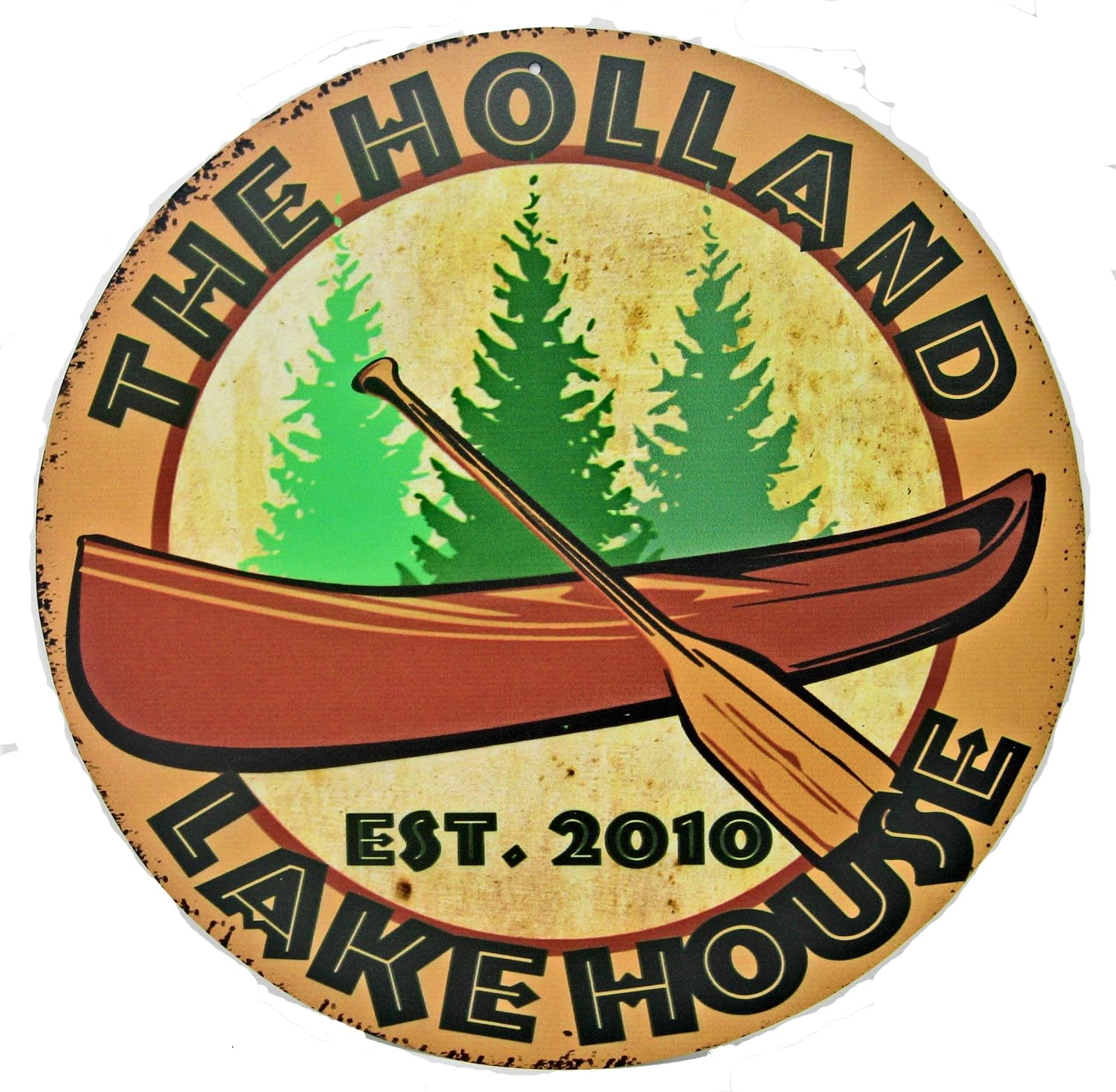 | Vintage Lake House Sign with Canoe | Personalized to Your Specific Needs | Round 14" Diameter