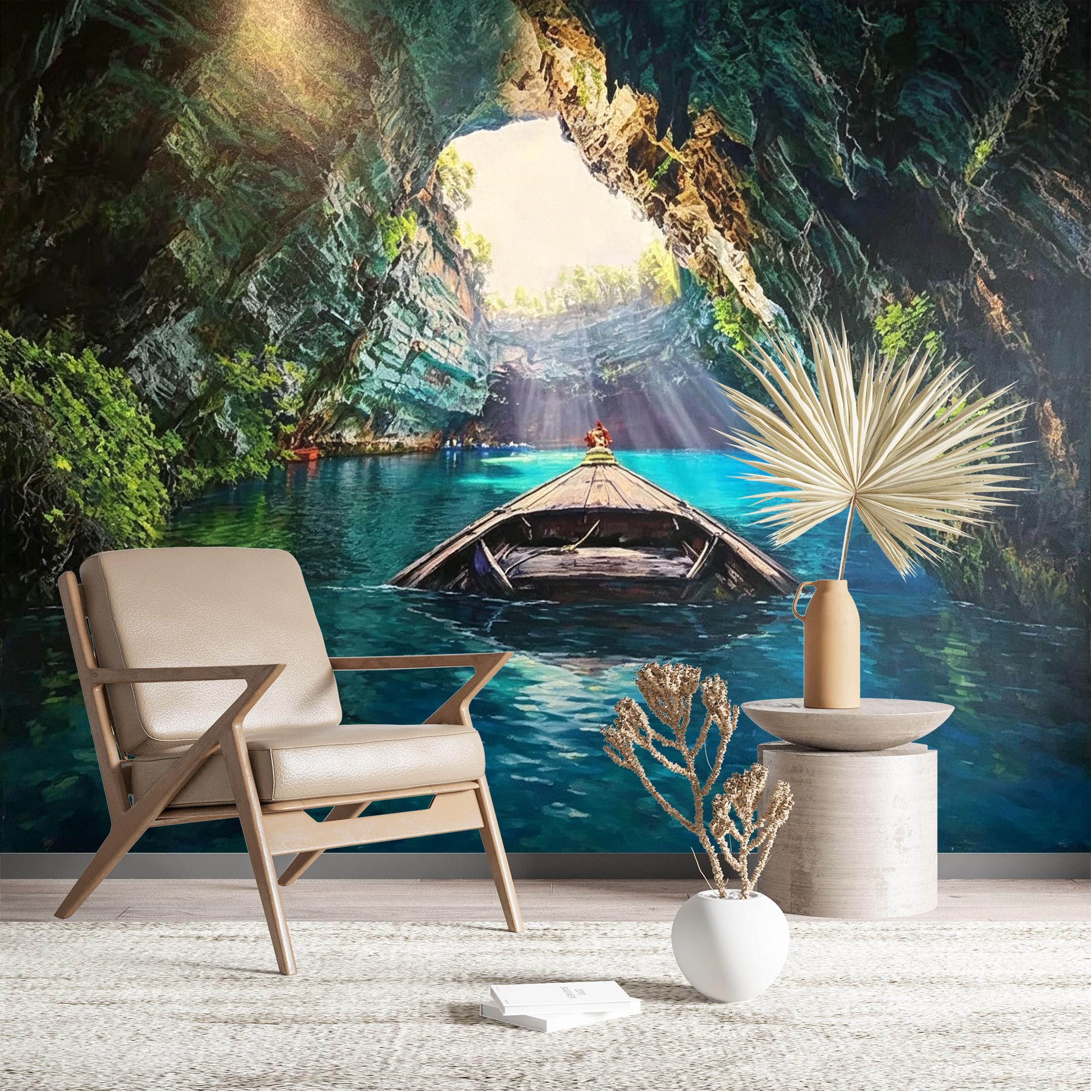 Custom Size Wall Murals Boat in Turquoise Cave Lake Wall Covering Fabric Self-Adhesive Wall Fabric (NO PVC) Removable Wallpaper for Living Room Home Decor