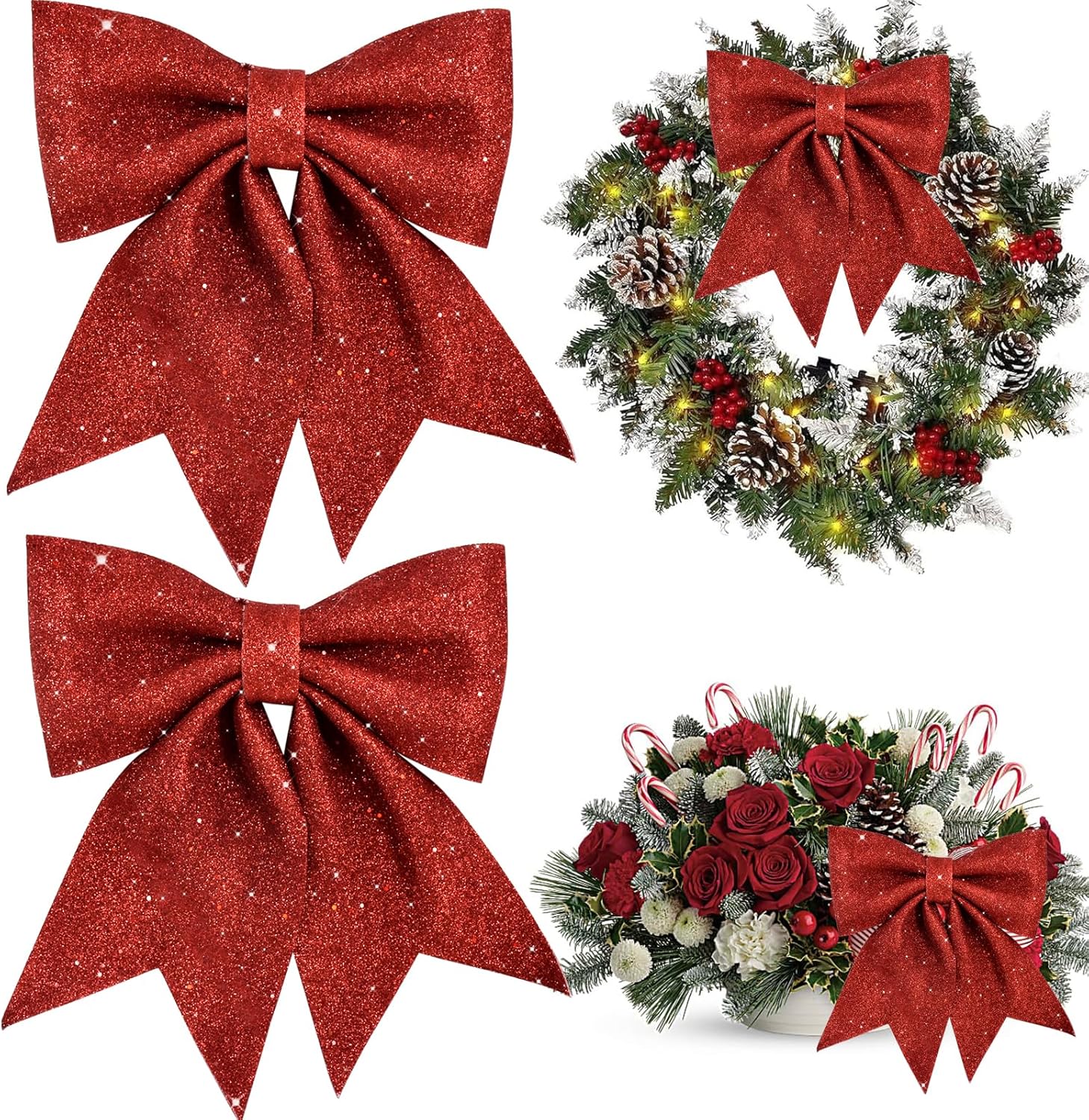 TONIFUL 2pcs Glitter shiny Bow Red Sparkling Christmas Bow