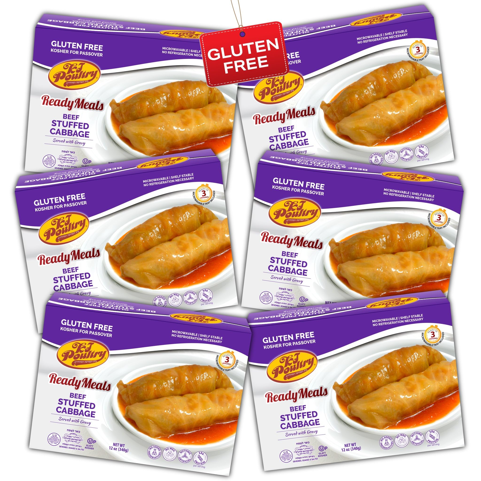 KJ Poultry Kosher for Passover Gluten Free Meals, Beef Stuffed Cabbage Rolls in Gravy (6 Pack) Prepared Entree Fully Cooked, Shelf Stable Microwave Dinner, Travel Military Camping
