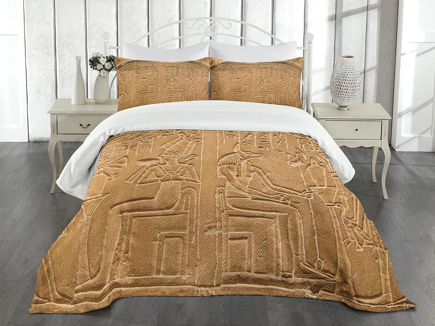 Lunarable Egyptian Print Bedspread, Egyptian Hieroglyphs on The Wall Stone Surface Scripts Arts Theme Image, Decorative Quilted 3 Piece Coverlet Set with 2 Pillow Shams, King Size, Brown Yellow King Brown Yellow