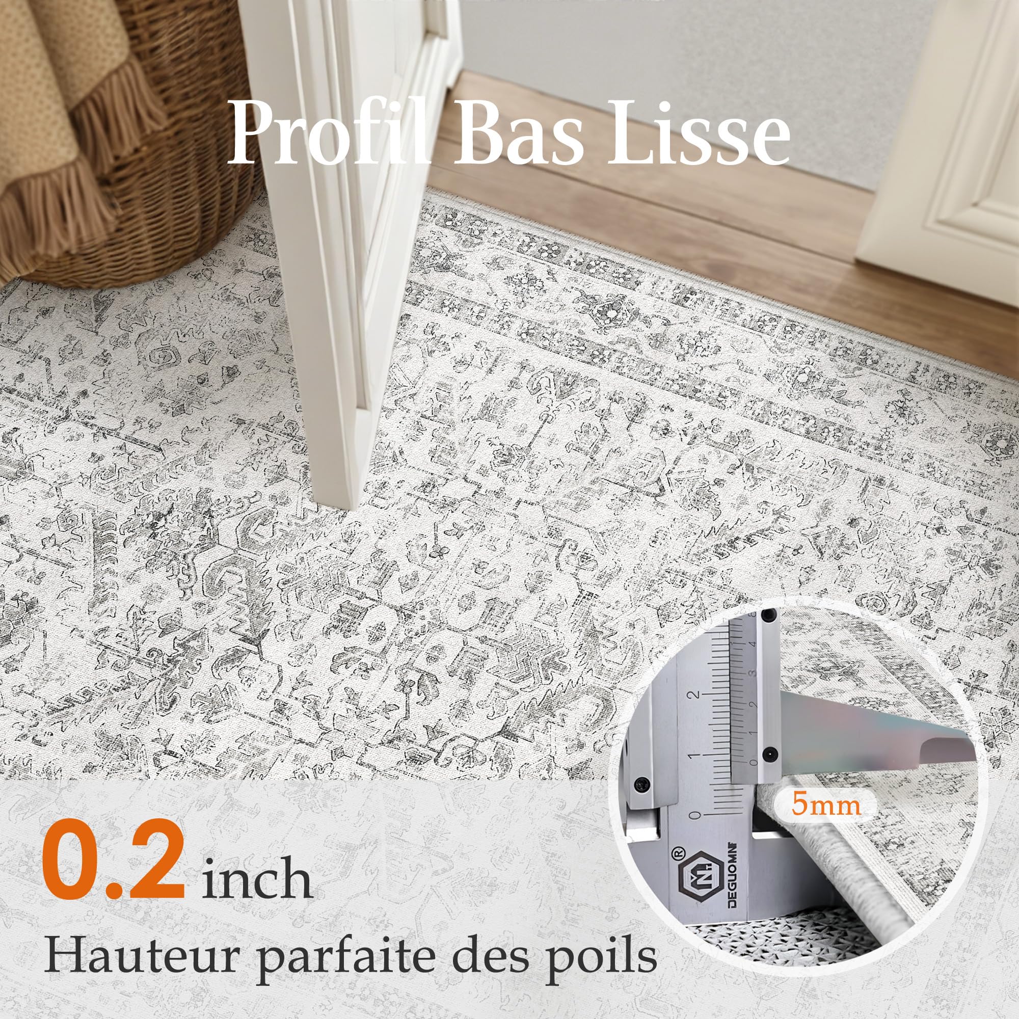 PureCozy Vintage Tapis Couloir 60x180cm Gris Passage Cuisine Antidérapant Lavable en Machine Doux Long Carpet Descente de Lit Chambre Adulte Poil Ras Rug