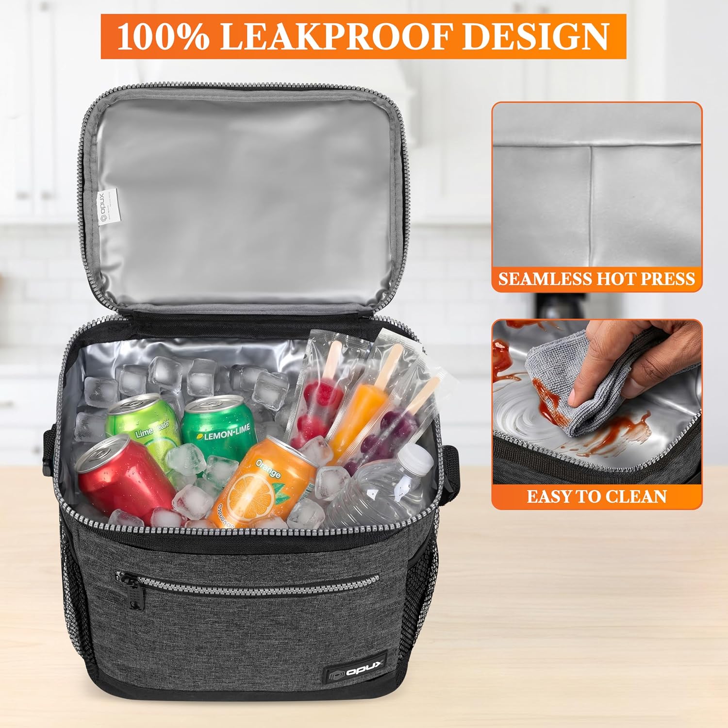 opux Insulated Lunch Bag for Men Women, Leakproof Large Lunch Box, Charcoal image 4