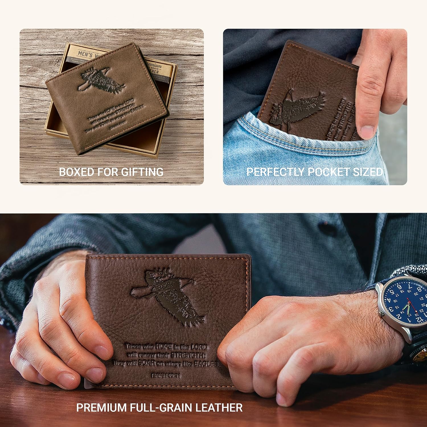 Christian Art Gifts Genuine Full Grain Leather RFID Blocking Scripture Wallets for Men, Bifold & Trifold Designs, Many Slots for Credit Cards, ID, Cash, Photos, Emblems or Debossed, Multiple Colors