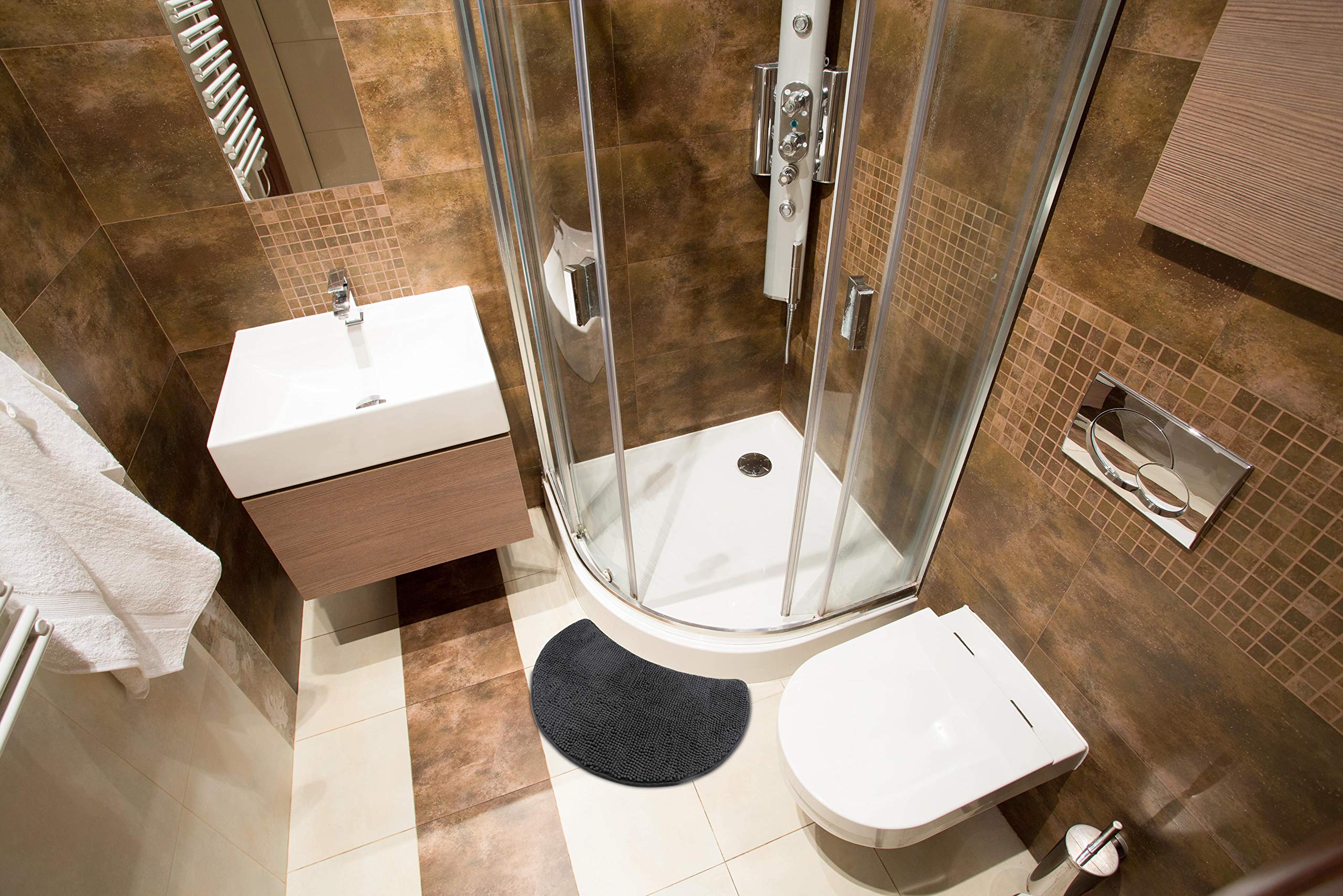 fluffy® Alfombrilla de baño de Chenilla para duchas semicirculares con Parte Inferior Antideslizante (Hoz | Radio de la Ducha 55 cm, Antracita)