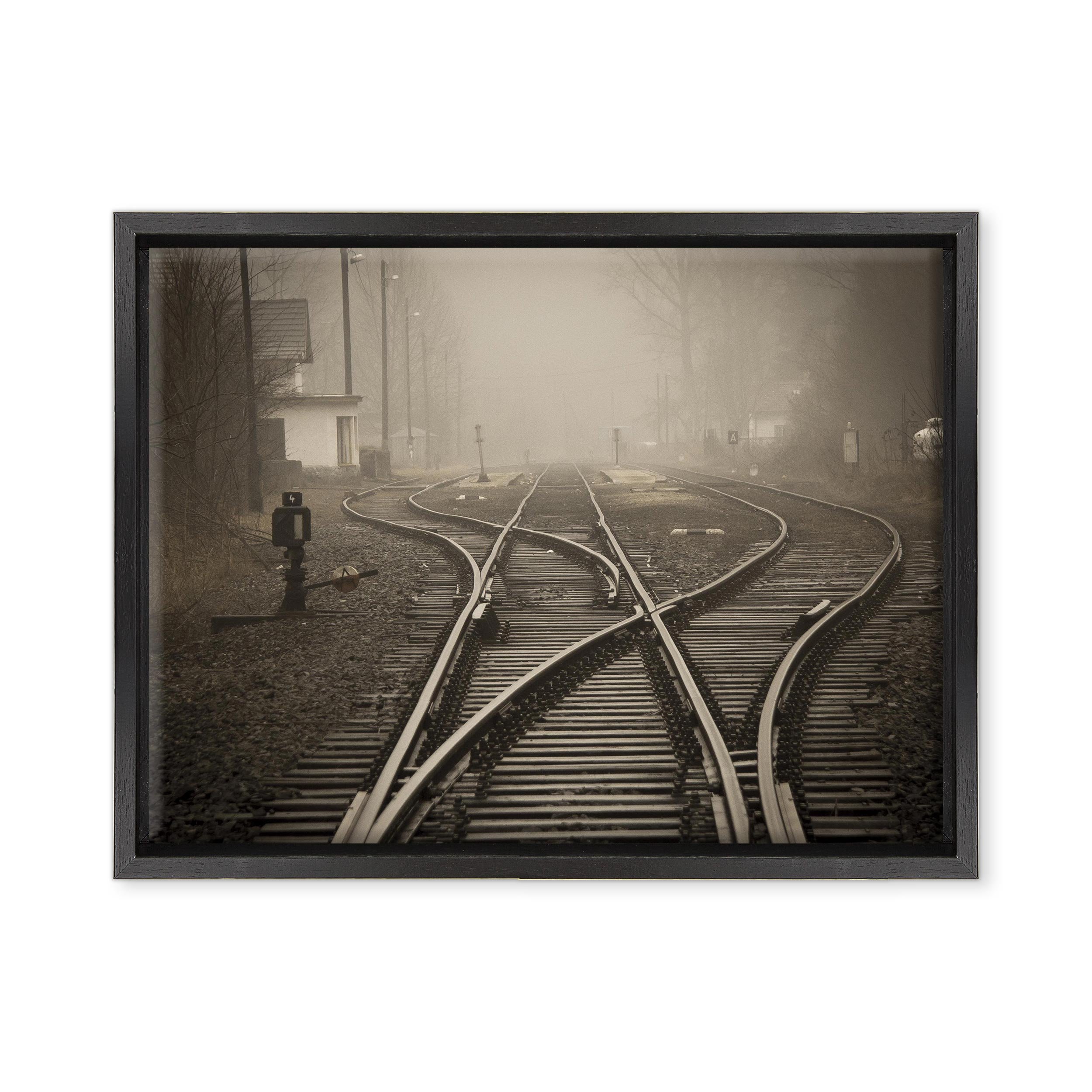 QUADRO SU TELA CANVAS INTELAIATO - CON CORNICE - Ferrovia - Binari del Treno - Natura Paesaggio Panorama - 30x40cm - Stile Moderno Nero - (cod.3836)