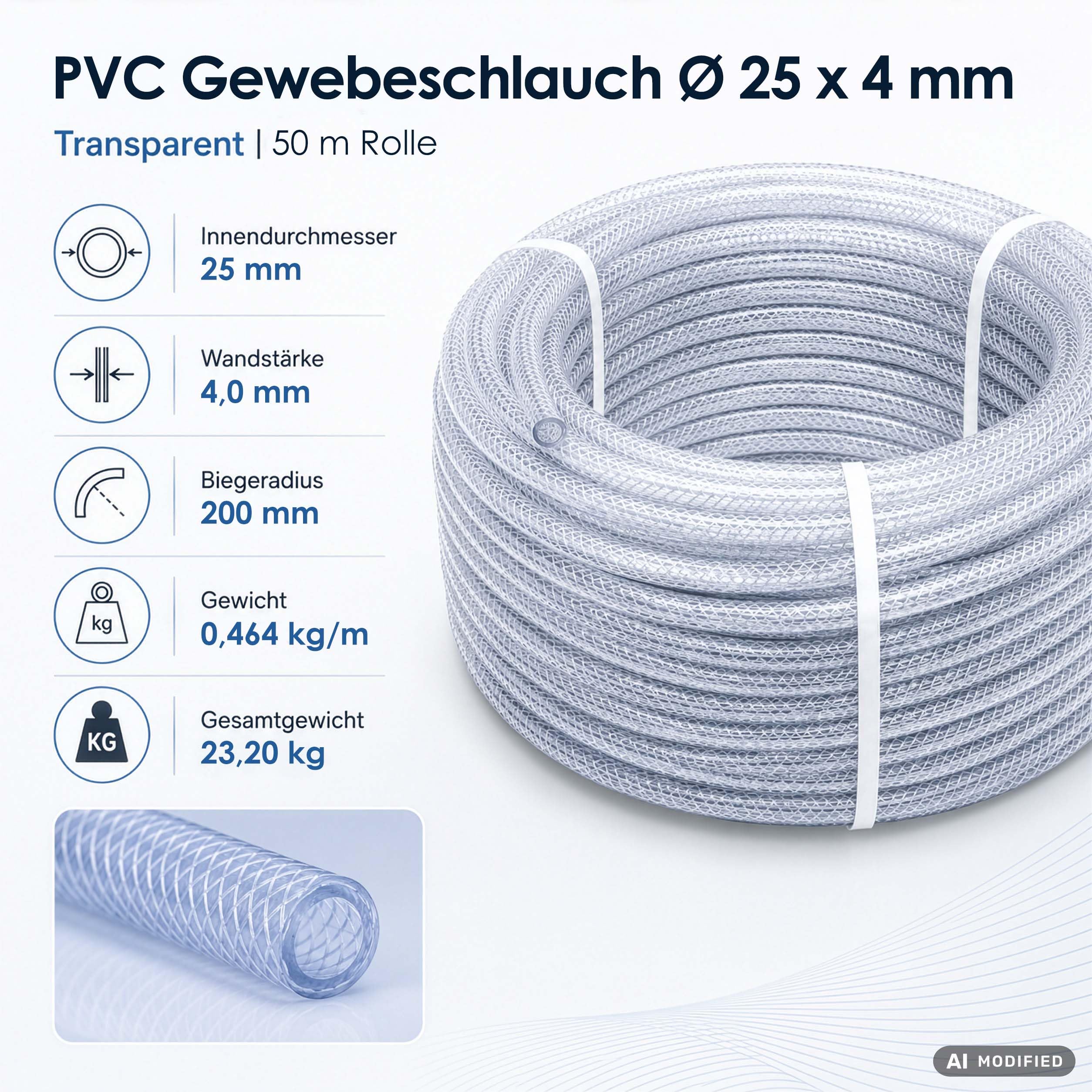 Wiltec Tubo in PVC intrecciato con diametro interno di 25 mm, spessore della parete 4 mm e lunghezza 50 m, tubo per uso alimentare fino a max. 9 bar