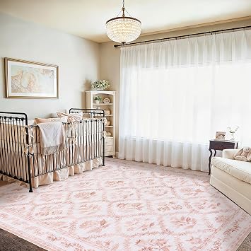 Pink Living Room Rug 5x8 Soft Boho Nursery Rug for Baby Girl, Light Blush Pink Carpet Non-Slip Faux Wool, Machine Washable Leaf Area Floral Distressed Carpet for Dining Room
