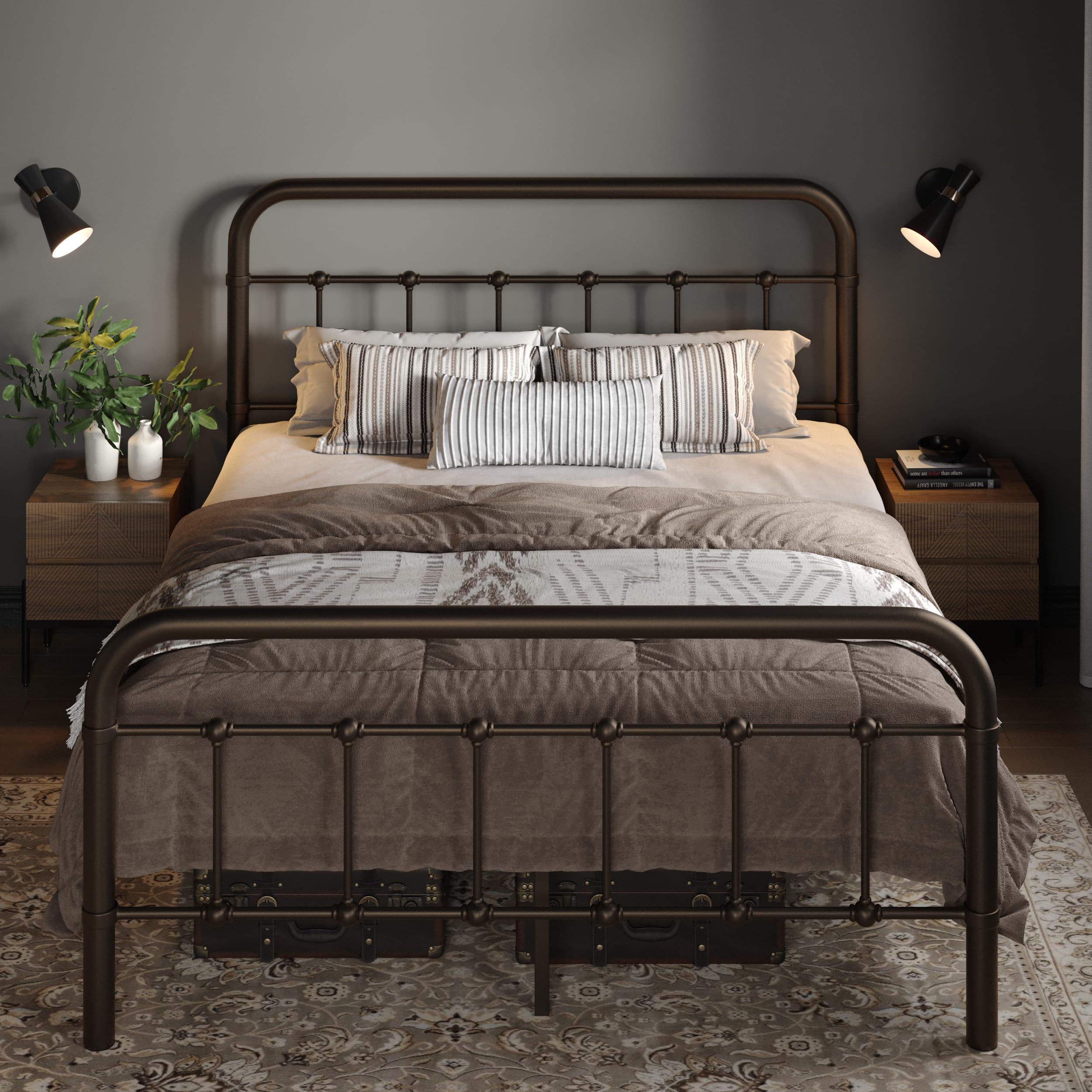 Allewie Full Metal Bed Frame with Iron-Art Headboard, Antique Bronze