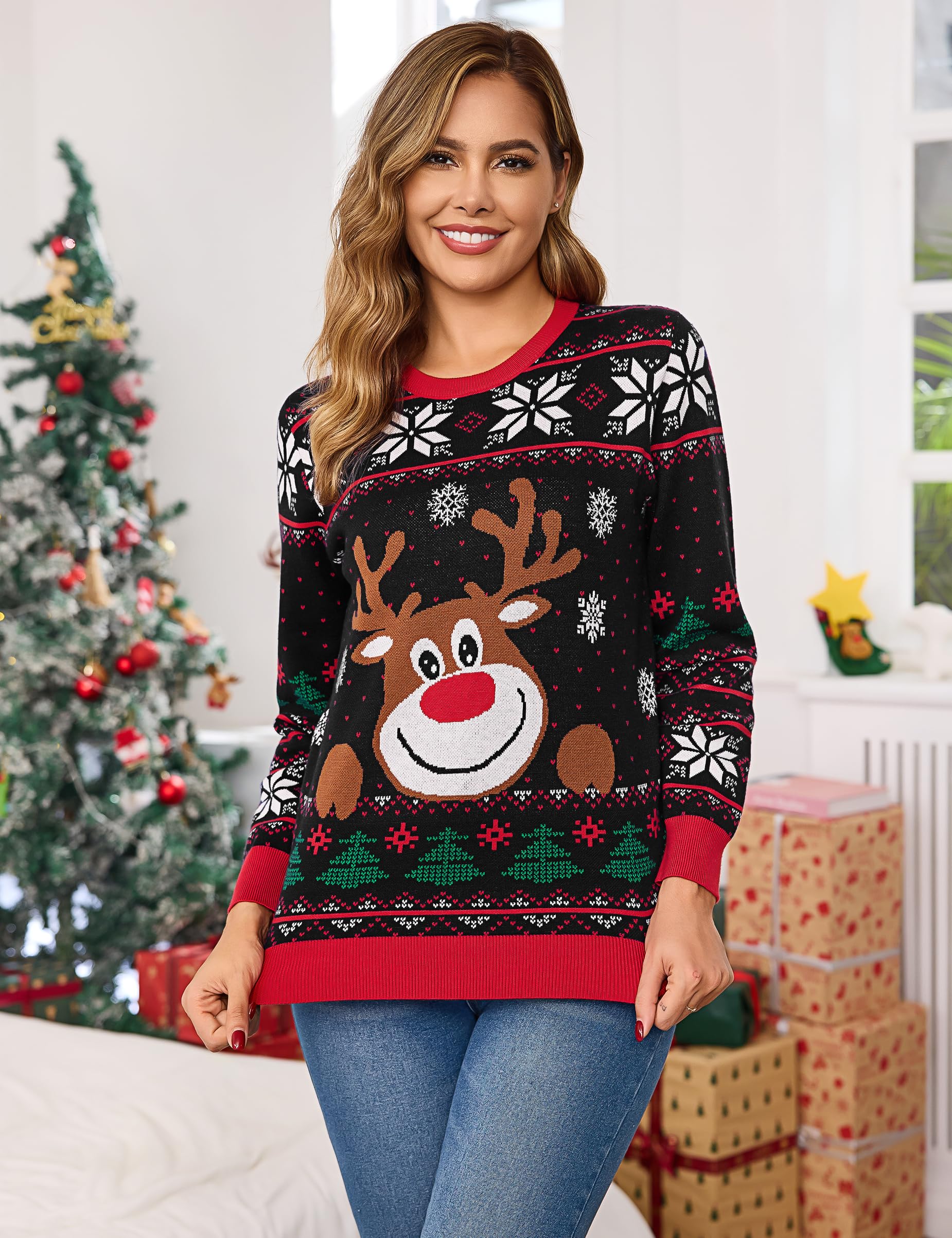 Bresdk Jersey Navideño Mujer Divertido Suéter Navidad de Punto Ugly Christmas Sweater de Reno Invierno Ropa Cuello Redondo para Familiares S-XXL