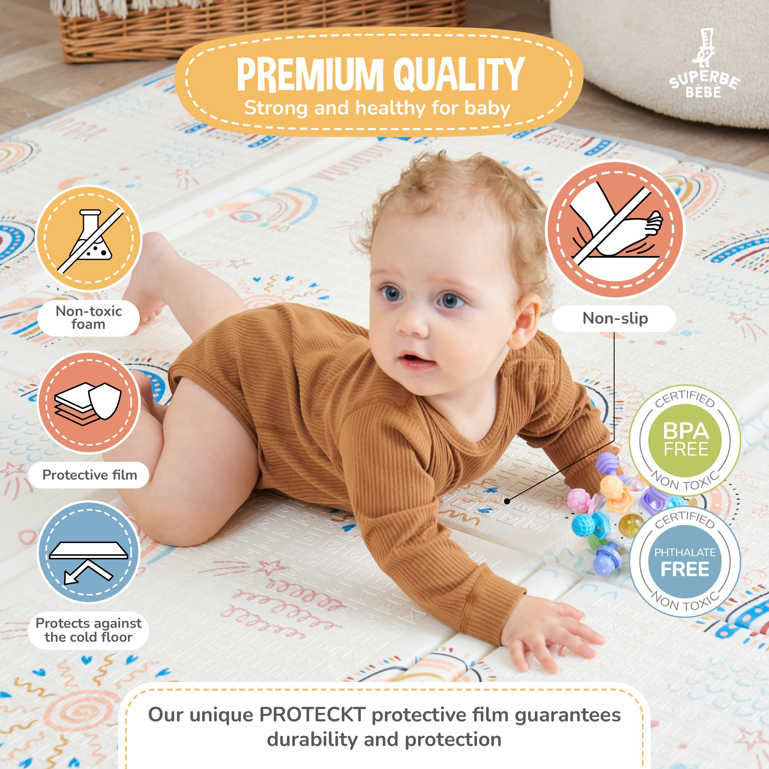Reversible and Non-Toxic Thick Foldable Waterproof Foam Baby Play Mat 180x160x1cm. Floor Mat for Kids Toddlers Children. for Boy or Girl Child's Room. Extra Large Size SUPERBE BEBE ® — view 5