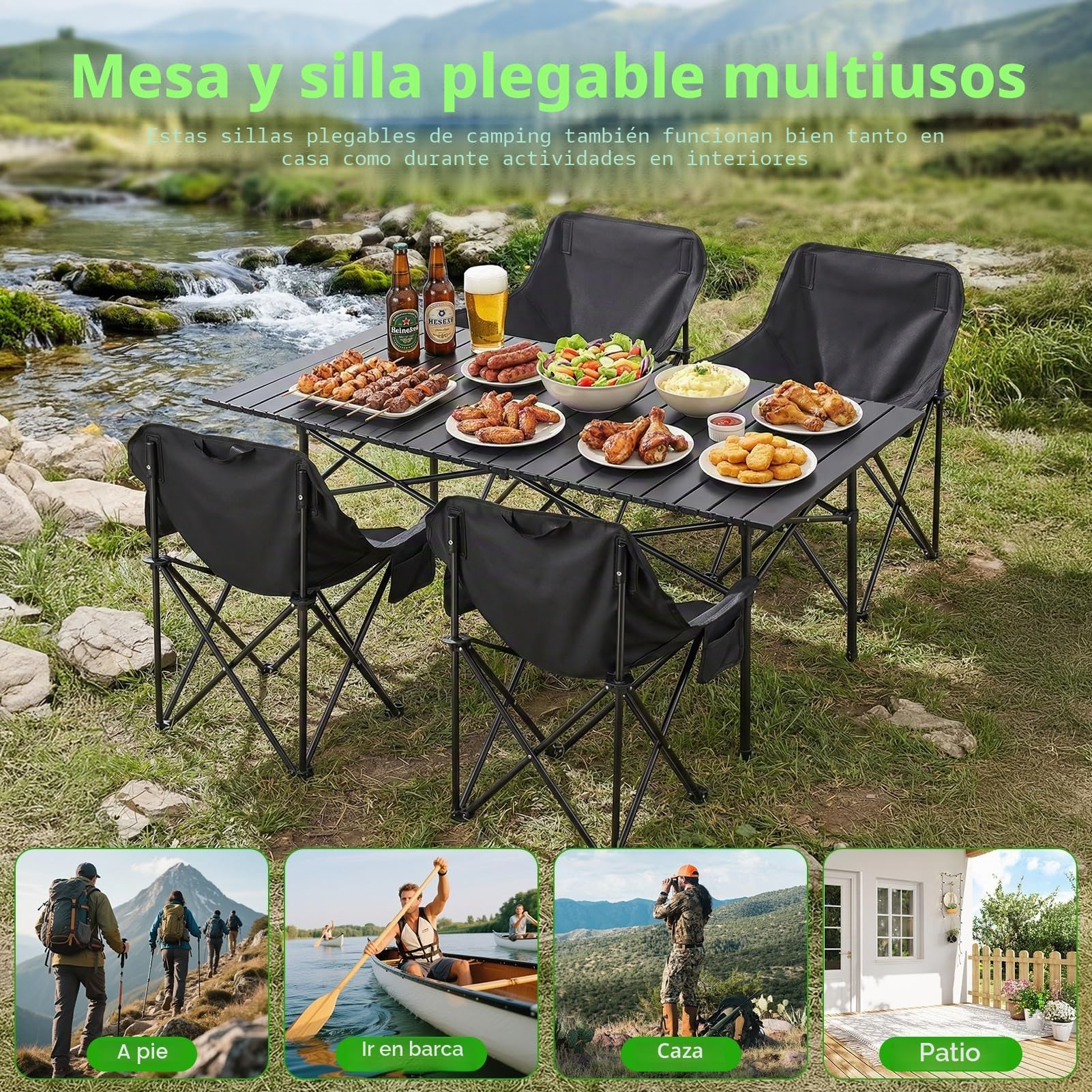 Conjunto De Mesa Y Silla Camping De 5 Piezas, Mesa De Camping Plegable Y 4 Sillas Plegables De Acero Al Carbono, Mesas Picnic Plegable Portátil Para Jardín, Terraza O Pesca (Negro)