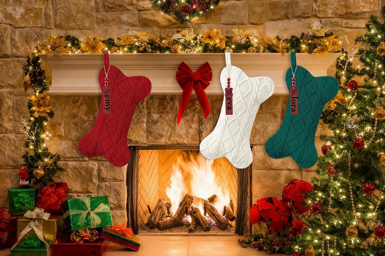 Bone Shaped Dog Christmas Stockings, 3 Pack Cable Knit Xmas Stockings Personalized with Name Tag Hanging Pet Stockings for Dogs Cats