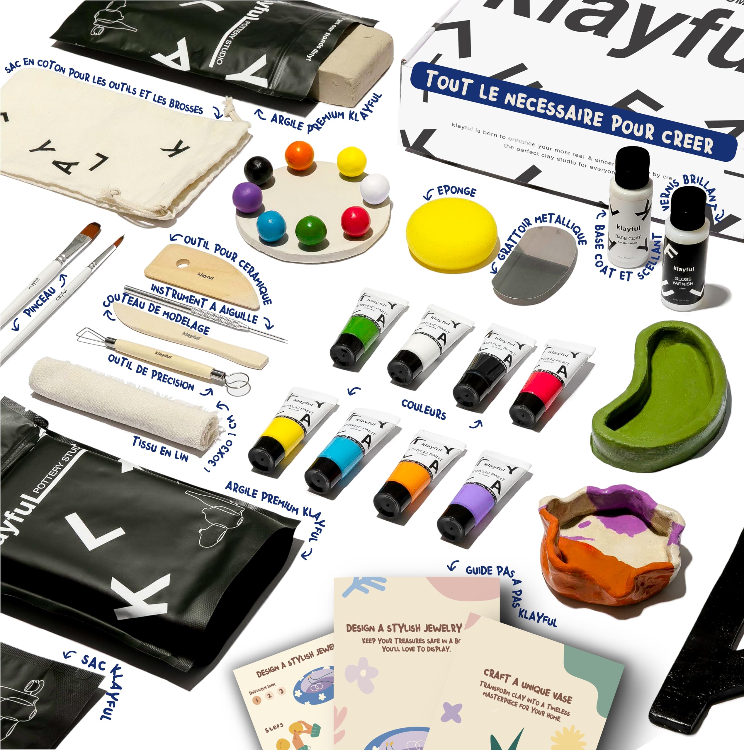 KLAYFUL – Kit Argile Autodurcissante Sans Cuisson | Peintures Classiques Haute Couvrance | Outils, Pinceaux, Vernis et Guide | Kit Poterie Adulte Débutant | Cadeau Créatif DIY