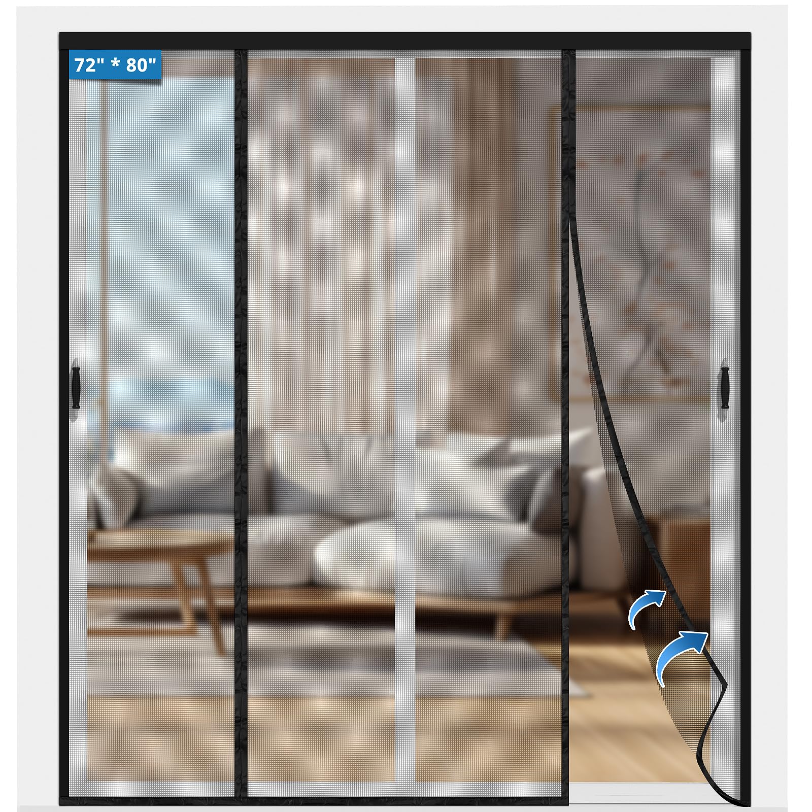 LADER Double Door Screen Magnetic Closure 74 x 81.8 Inch, Fit Door Size 72 x 80 Inch, Heavy Duty Durable Fiberglass Magnetic Screen Door Magnetic Closure, Hands Free, Keep Bugs Out, Pet Friendly