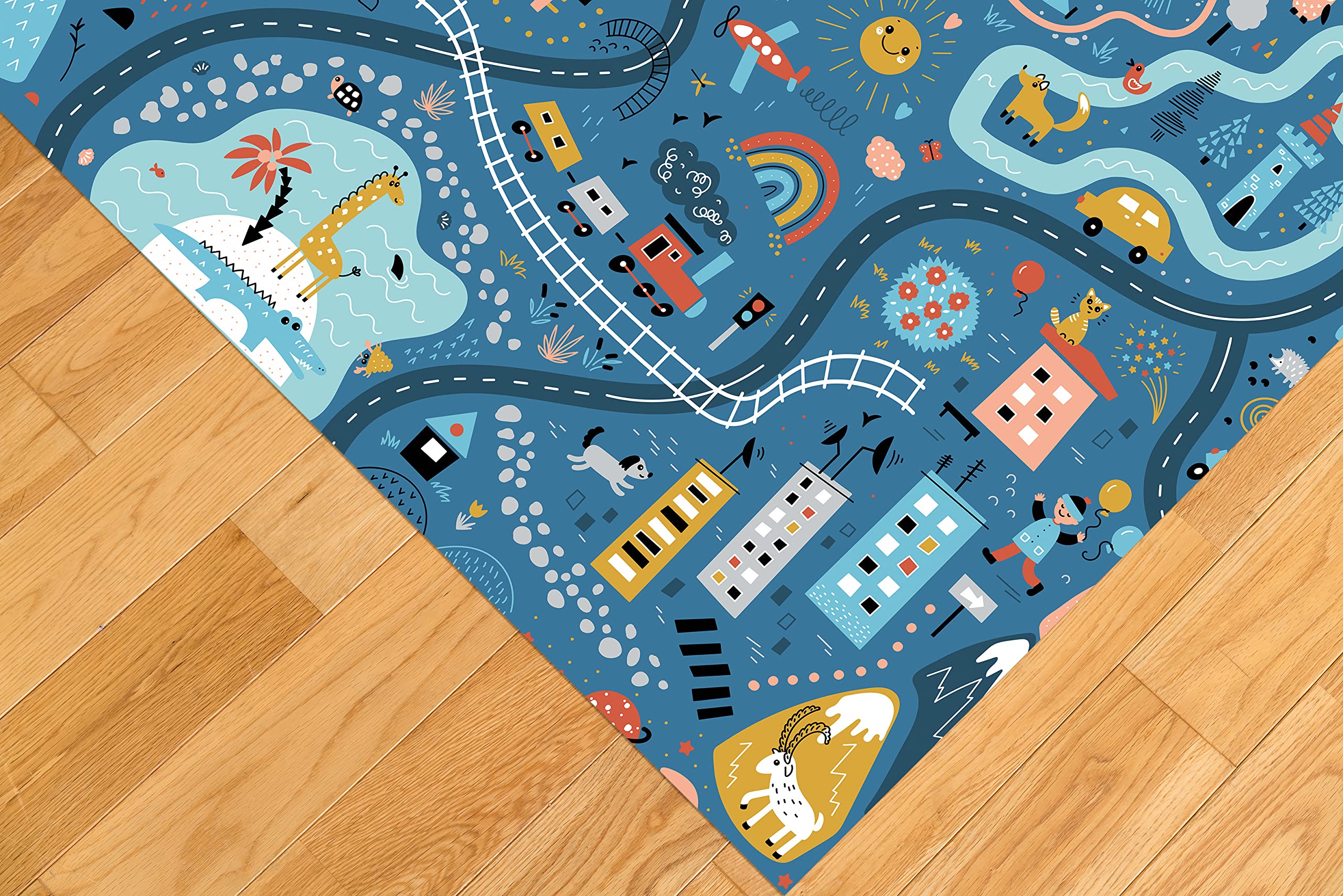 DobleUve Estudio Alfombra Vinílica Infantil 05 | Azul | 200x200 cm | Lavable | Carretera Grande | Suelo Vinilo