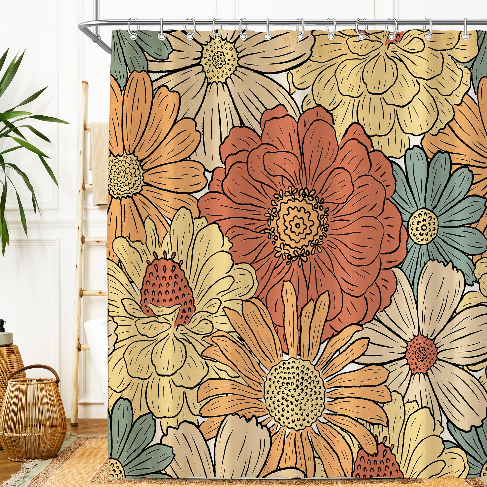 Visioun Vintage Boho Retro Bohemian Floral Sunflower Shower Curtain for Bathroom 72W*72H Inch Abstract Burnt Orange Yellow Bathtub Decor Woman