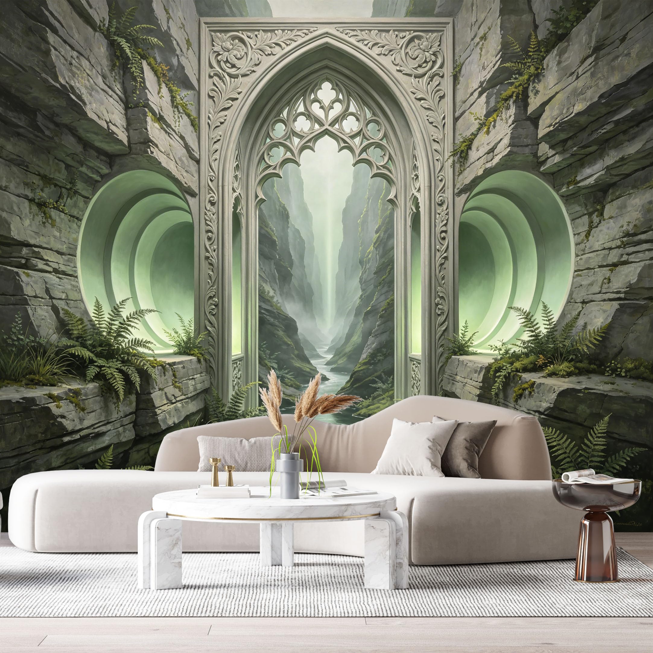 Custom Size Wall Murals Gothic Stone Archway Misty River Mountains 3D Trompe L'Oeil SelfAdhesiveWall Fabric Removable Wallpaper Wall Decor for Living Room Bedroom Bathroom