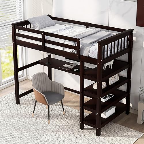 Miniatura 4 de ODC Cama alta con escritorio y debajo marco de cama de madera maciza con 4 estantes de almacenamiento de neumáticos y escalera cama alta para niños
