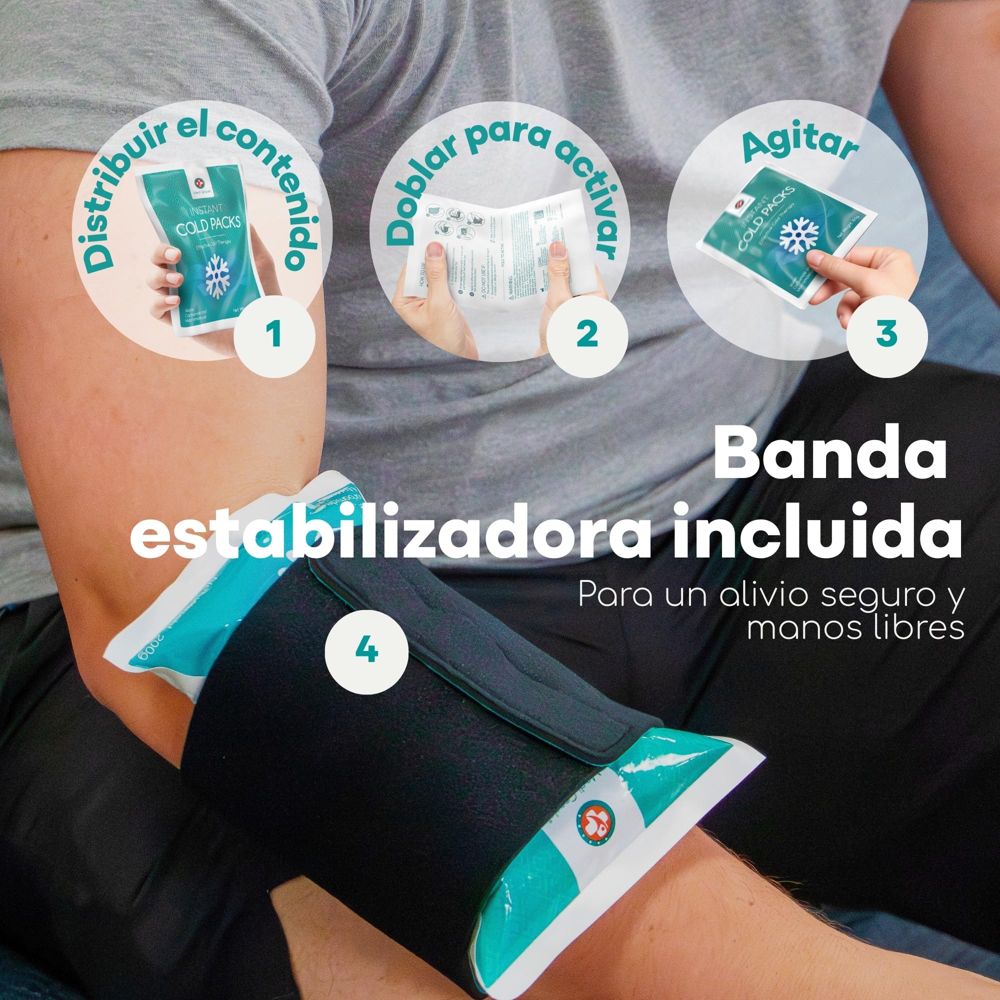Medi Grade Bolsas de Frío Instantáneo 30 uds de 100 g – Bolsas de Gel Frío para Alivio Rápido, Sin Frigorífico con Banda de Sujeción –ideal para Lesiones en Tobillos y Rodillas –Medidas 11,43x15,24 cm