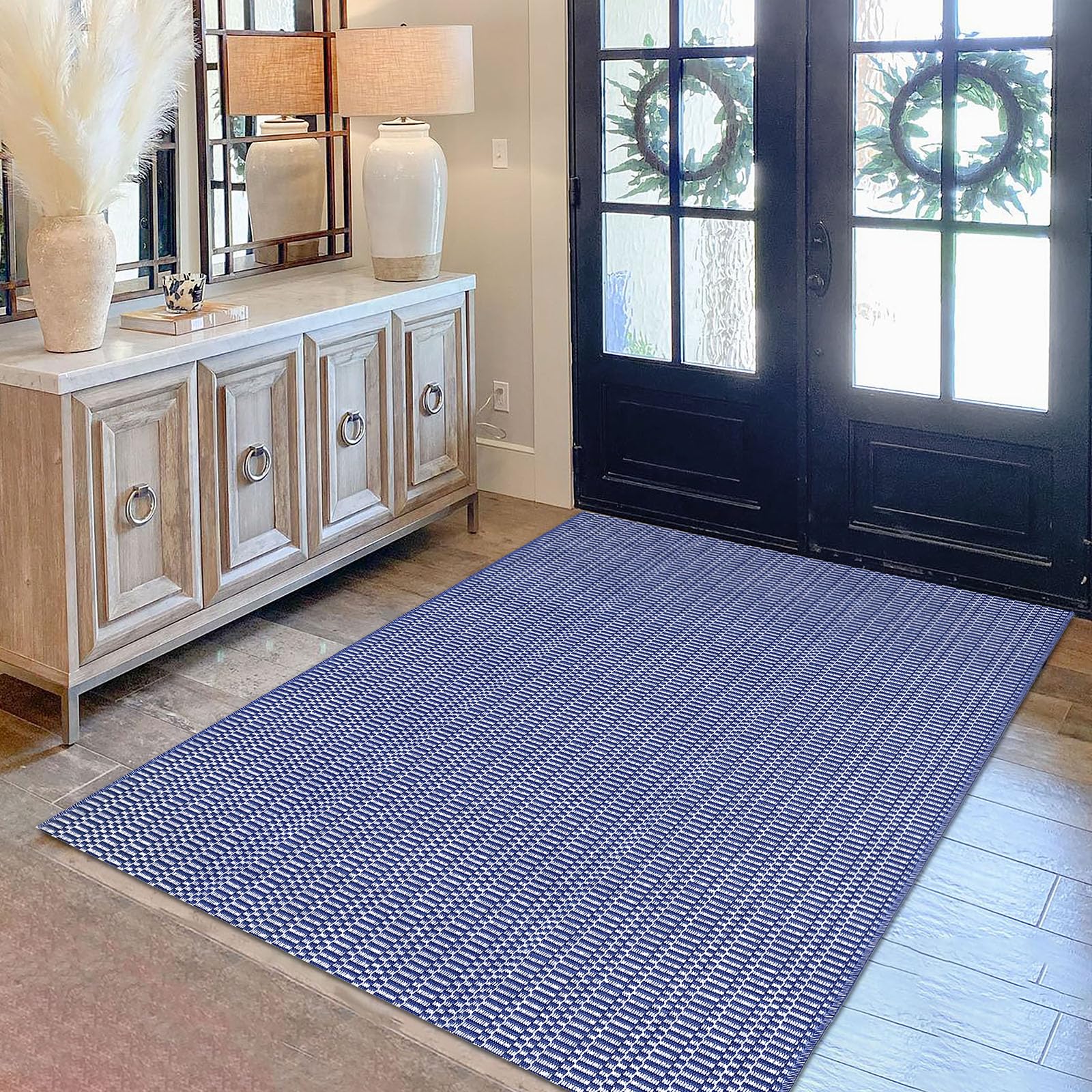 KOZYFLY Washable Area Rug 3x5 ft Boho Entryway Rug Indoor Door Mat Kitchen Rugs with Rubber Backing, Farmhouse Navy and White Carpet Throw Rugs for Front Entrance Bathroom Kitchen