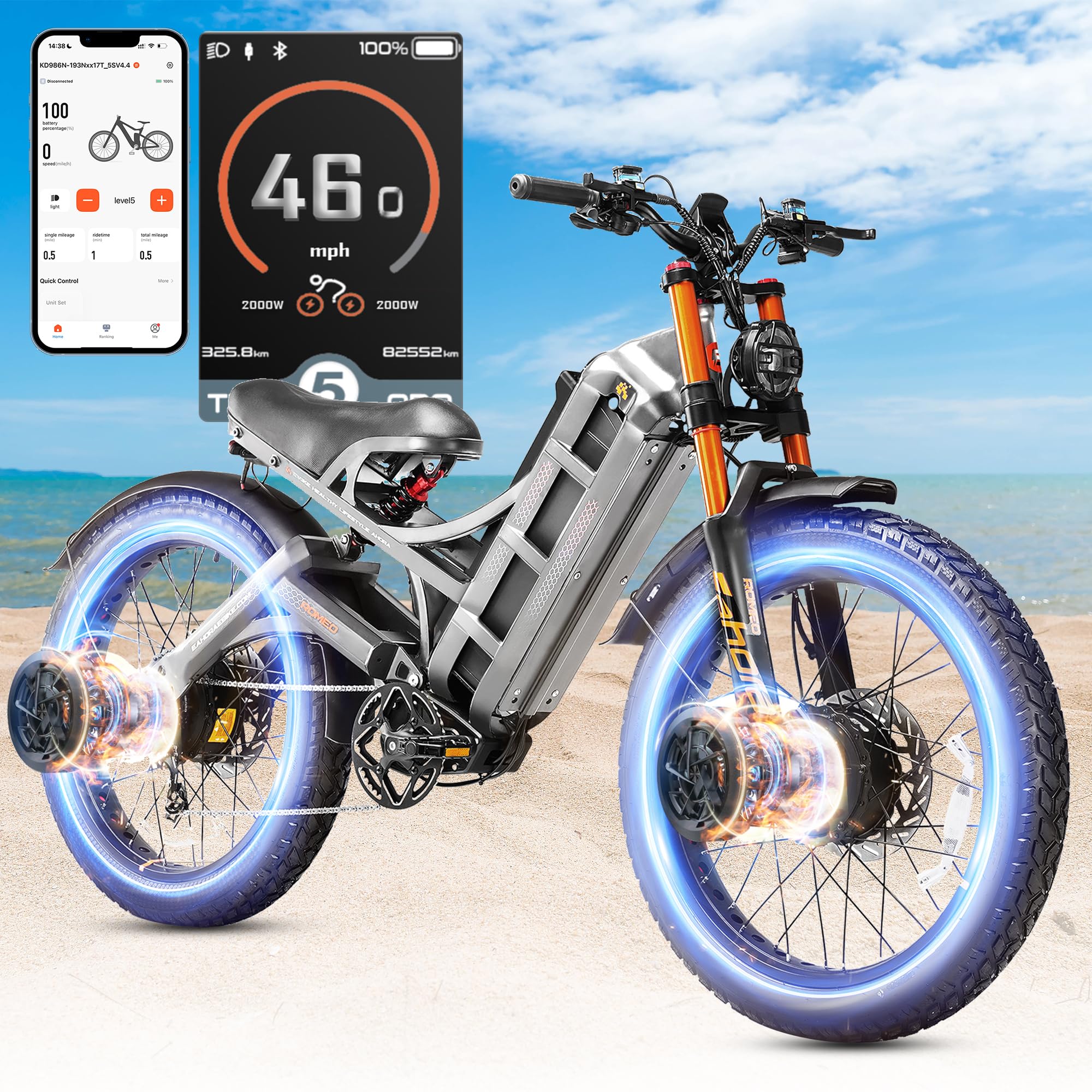 2025 eAhora Romeo Pro 3/2 50Mph/46Mph Electric Bike for Adults Peak 5600W/4000W Dual Motor Ebike, 60V/80Ah 52V/70Ah 235+Miles Long Range Ebike, 26*4.0" Fat Tire Electric Mountain Bike, Full Suspension