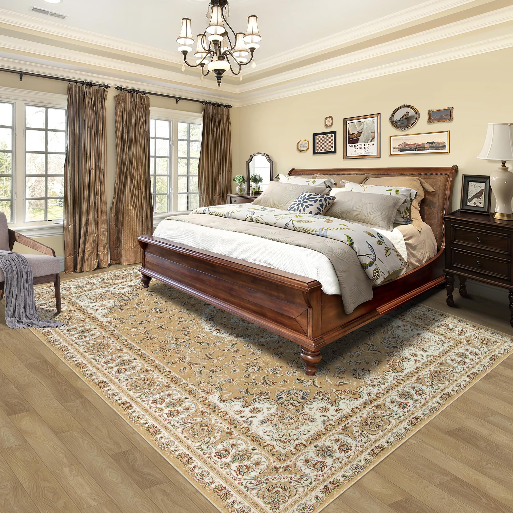 Area Rug Living Room Rugs: 8x10 Large Machine Washable Luxury Floral Carpet Soft Non Slip Thin Carpets for Dining Room Farmhouse Bedroom Nursery Home Office - Beige/Light Ivory