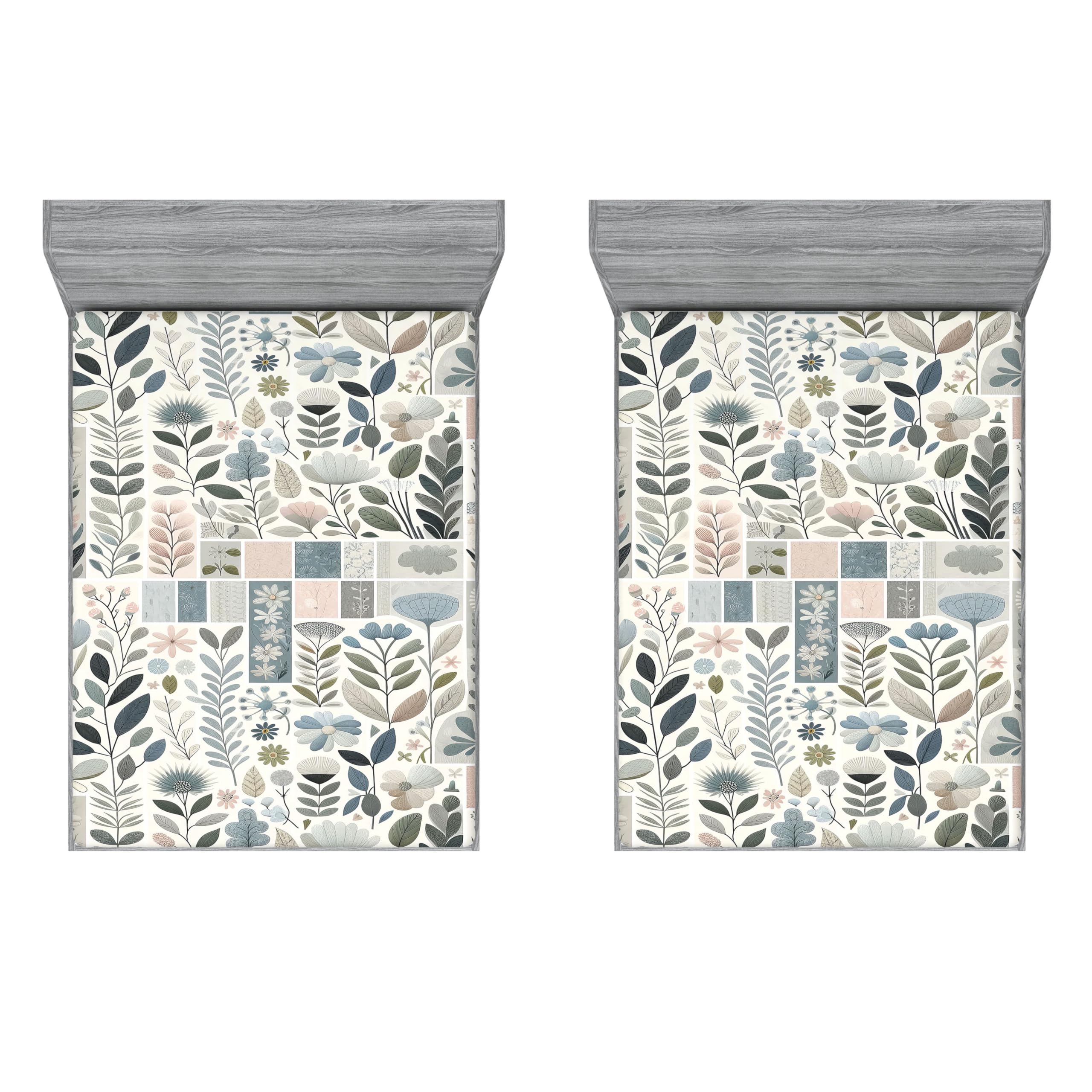 Ambesonne Floral Art 2 Pack Fitted Sheet, Boho Scandi Leafy Floral, Bed Cover All-Round Elastic Deep Pockets 2 Pieces, Package Contains 2 Full Size Fitted Sheets, Blue Grey Blush Ivory