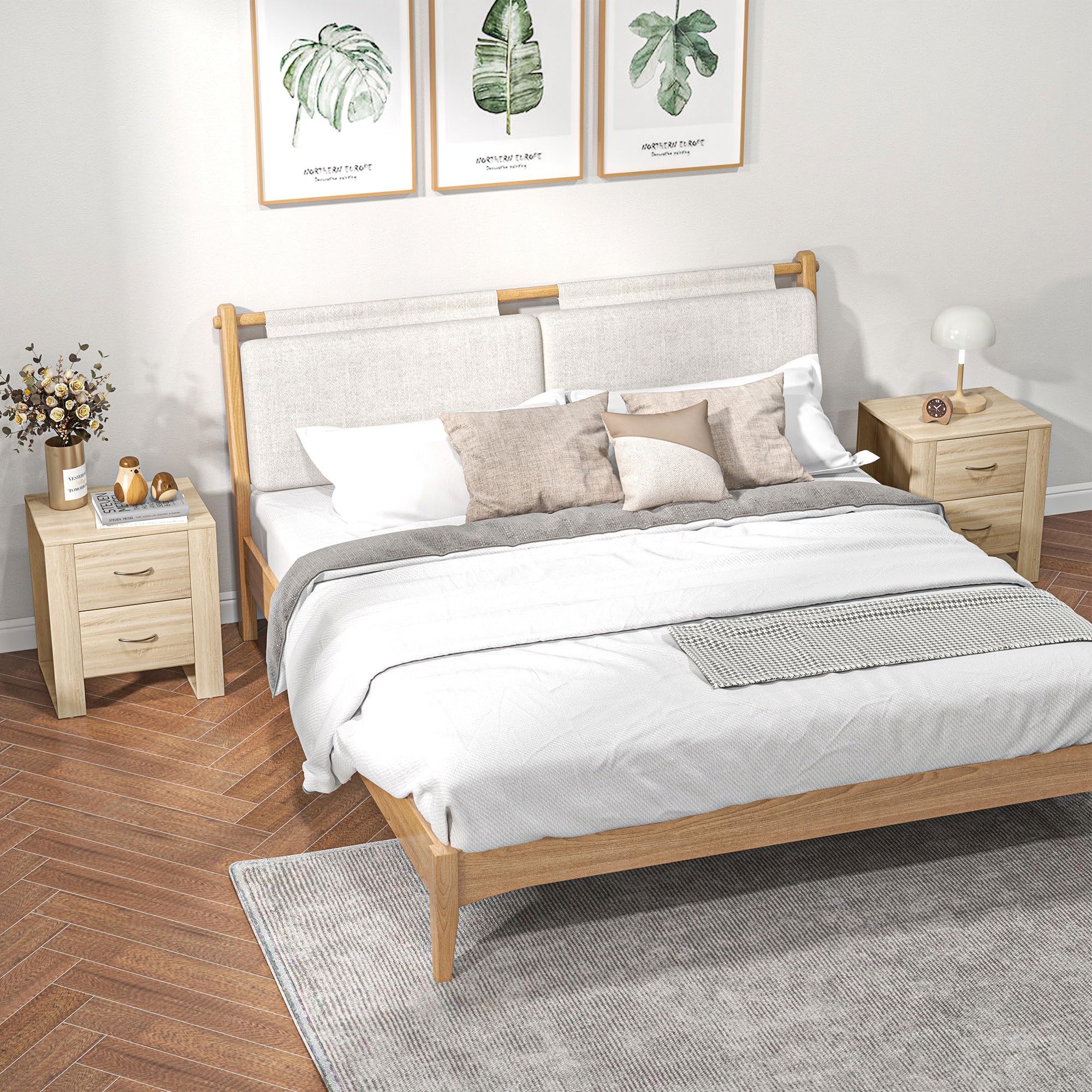 HOMCOM Pack de 2 Mesitas de Noche con 2 Cajones Patas 48x39x54 cm Natural