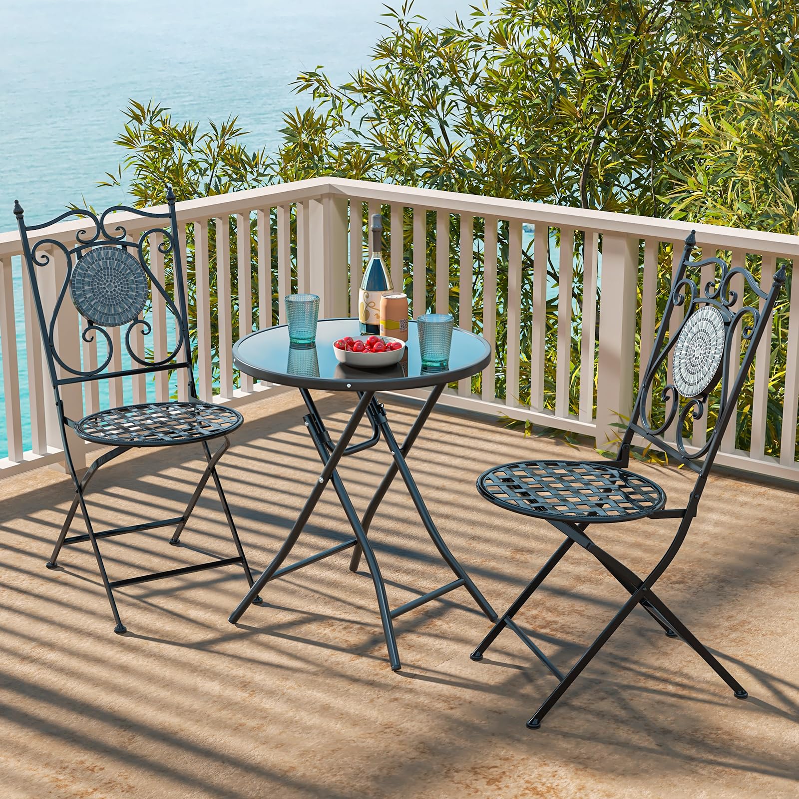 KOMFOTTEU Tavolino Pieghevole da Giardino, Tavolino Rotondo Ø 59 cm, Tavolini da Esterno con Ripiano in Vetro Temperato, Tavolo da Balcone Struttura in Metallo, per Terrazza, Veranda, Piscina, Nero