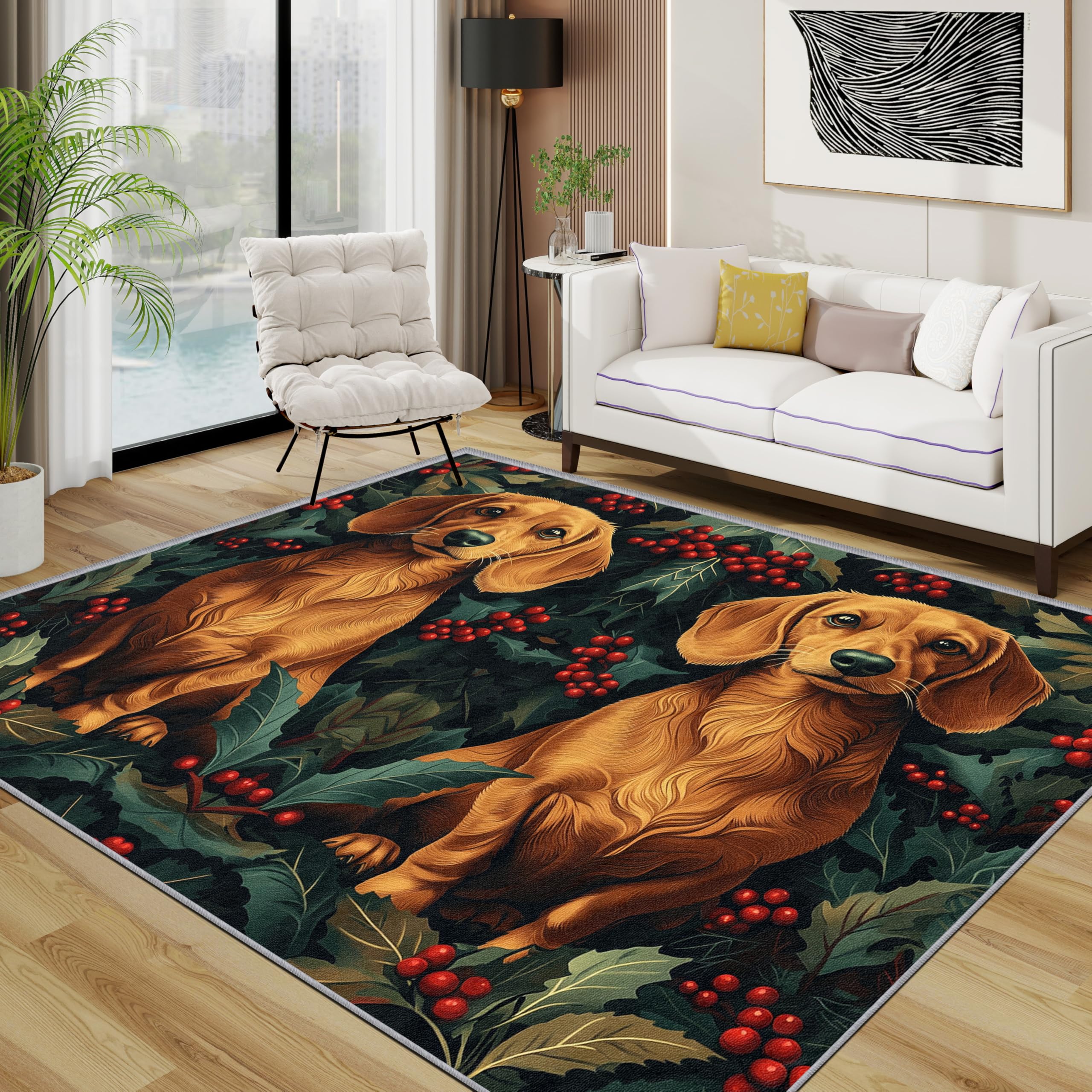 TerroVee Dachshund Rugs Living Room Large 140x200 - Cute Christmas Dog Bedroom Rug, Xmas Puppy Washable Non Slip Low Pile Carpet, Dachshund House Decor