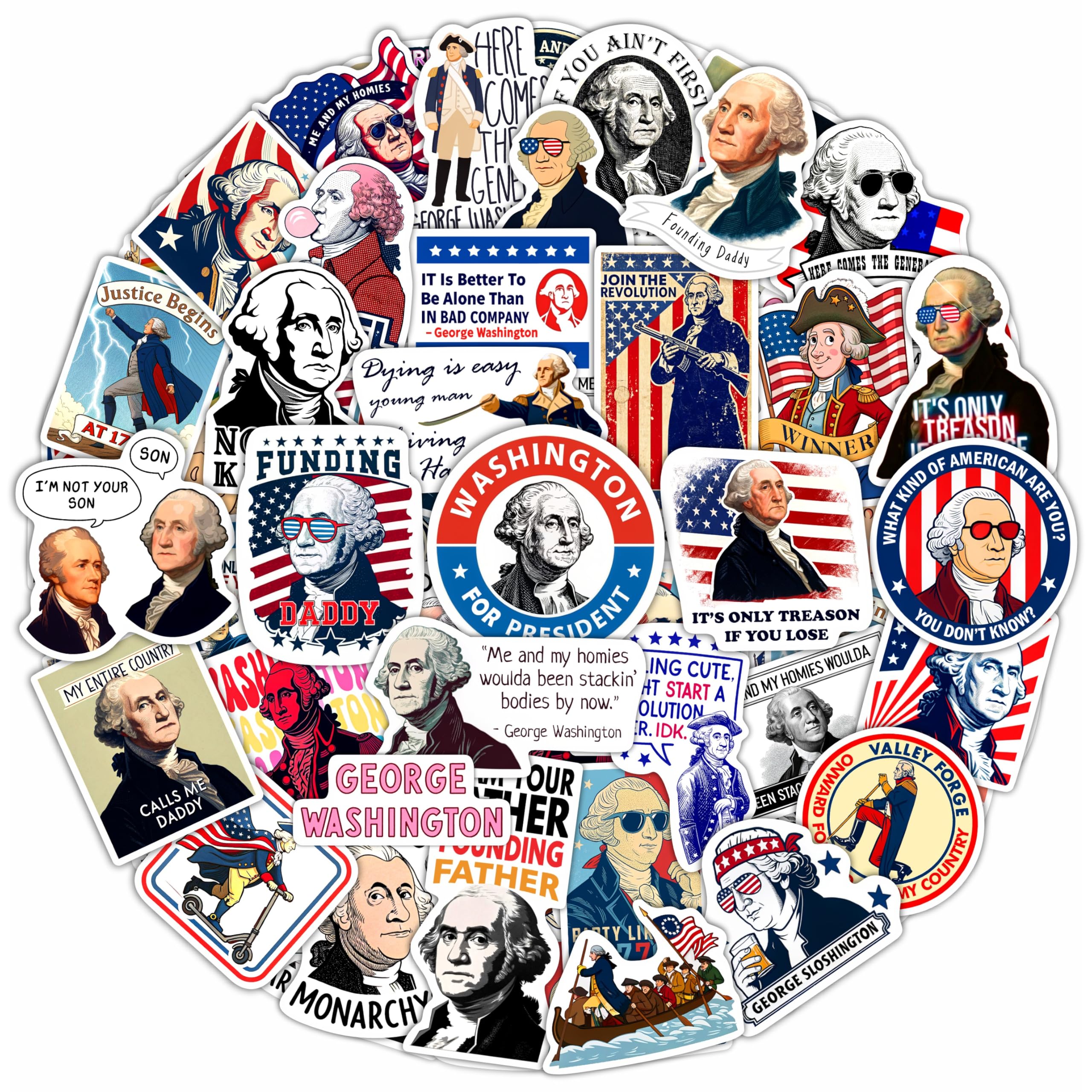 Zestaw 100 naklejek George Washington, zabawny prezydent, portret George'a Washingtona, naklejki prezydenta Ameryki, prezent dla kobiet i mężczyzn