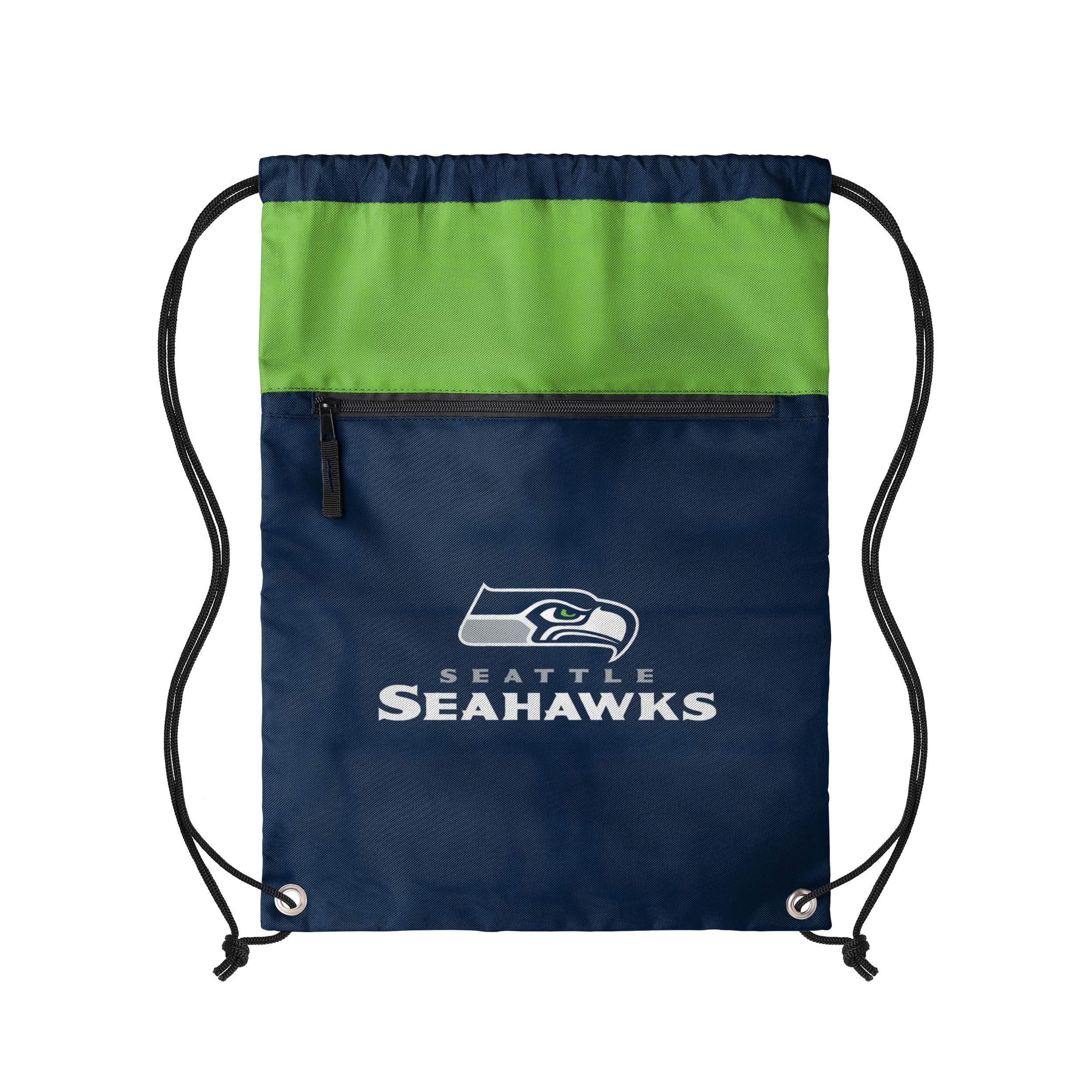FOCO NFL Officially Licensed Unisex Team Color Football Primary Logo Wordmark Drawstring Backpack With Zippered Pocket, Seattle Seahawks, One Size, Daypack Backpacks