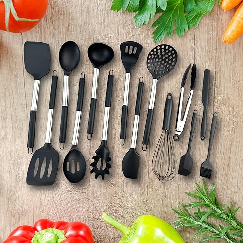 Miniatura 7 de Juego de utensilios de cocina de silicona de 15 piezas con soporte, herramienta de cocina de acero inoxidable antideslizante, espátulas, cucharón,