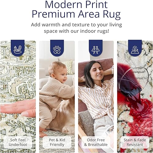 Miniatura 4 de Abani Savoy Collection Alfombra de área diseño vintage beigeverde 7 pies 9 pulgadas x 10 pies 2 pulgadas fácil de limpiar duradera para niños y