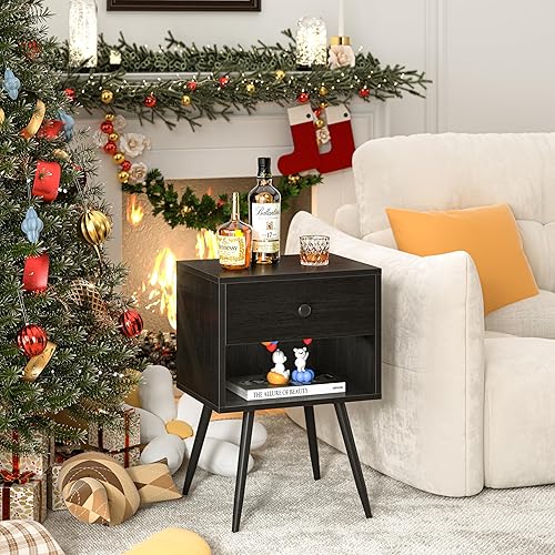 Miniatura 3 de VECELO Juego de 2 mesitas de noche, mesa de noche moderna de mediados de siglo, mesita de noche con cajón de almacenamiento y estante abierto de 2