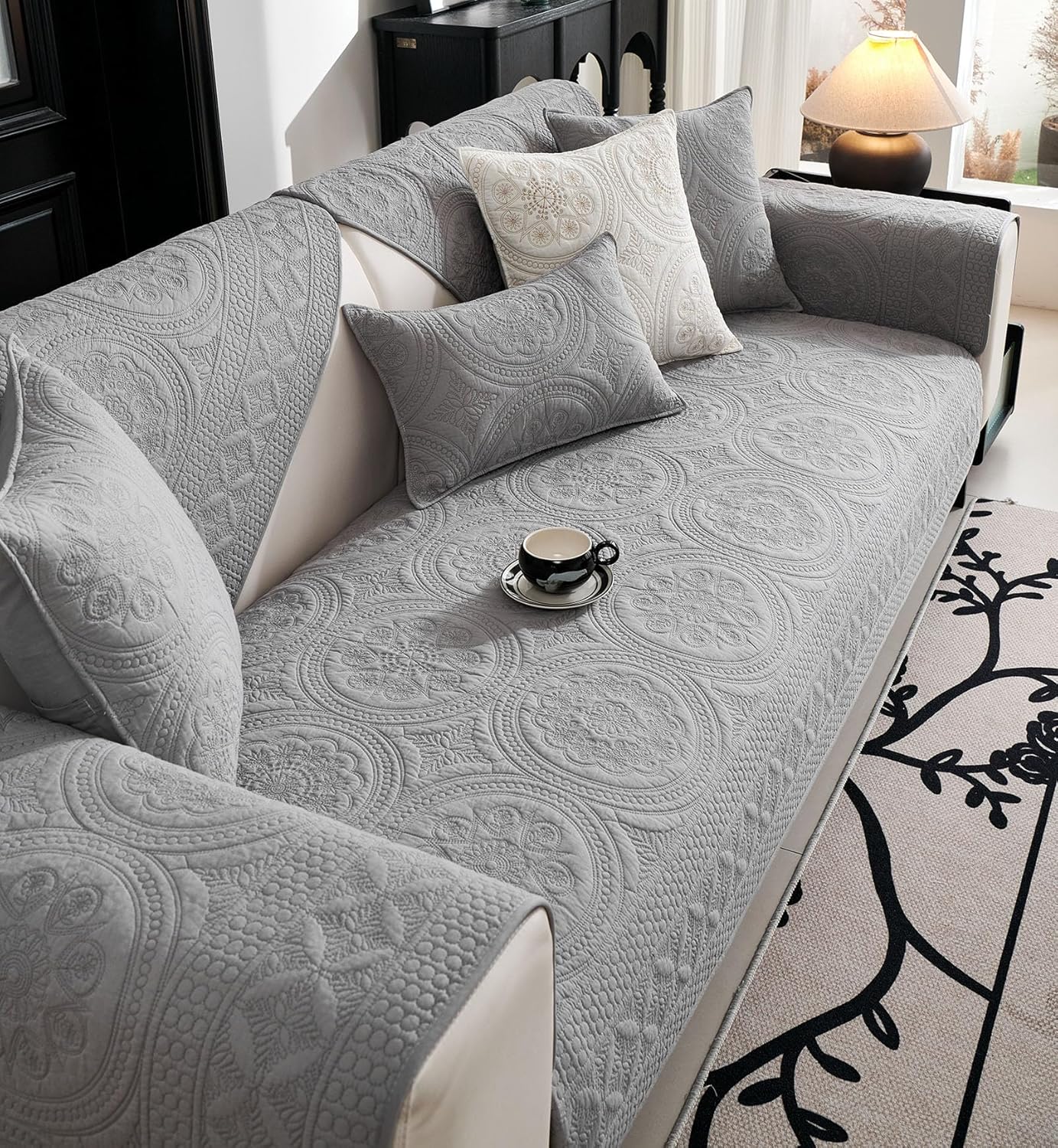 vctops Boho Geometric Embroidery Couch Cover Soft Cotton Quilted Anti Slip Sectional Couch Covers Washable Sofa Slipcover for Dogs, Children, Pets Furniture Protector (Grey,36"x82")