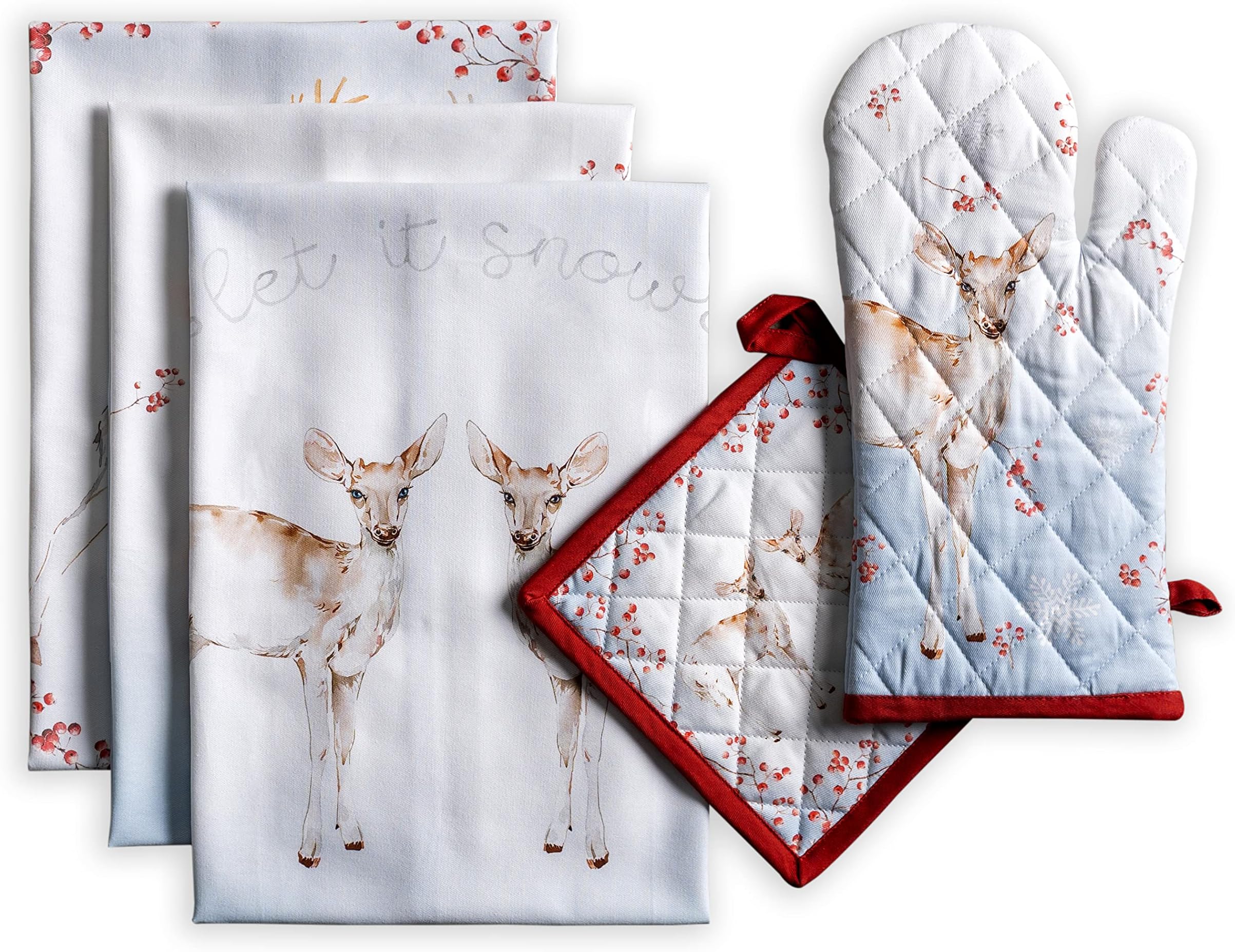 Maison d' Hermine Fairytale Forest Bundle Set 100% Cotton Set of 3 Kitchen Towels (20 Inch by 27.5 Inch) and Oven Mitt (7.5 Inch by 13 Inch)/Pot Holder (8 Inch by 8 Inch)