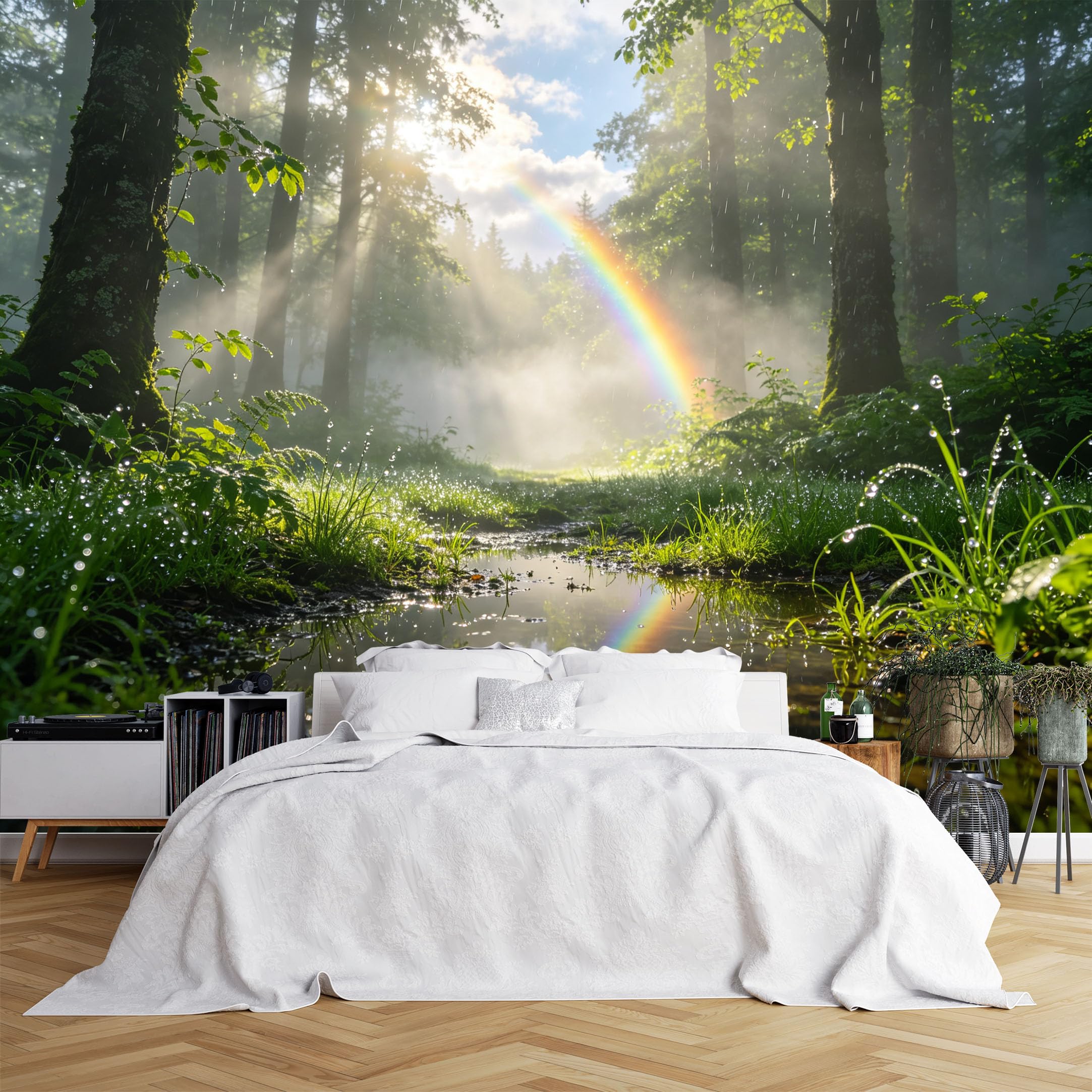 Custom Size Wall Murals Sunlit Forest with Rainbow After Rain and Dewy Grass, HD Self-Adhesive Wall Fabric (NO PVC) Removable Wallpaper for Living Room, Bedroom