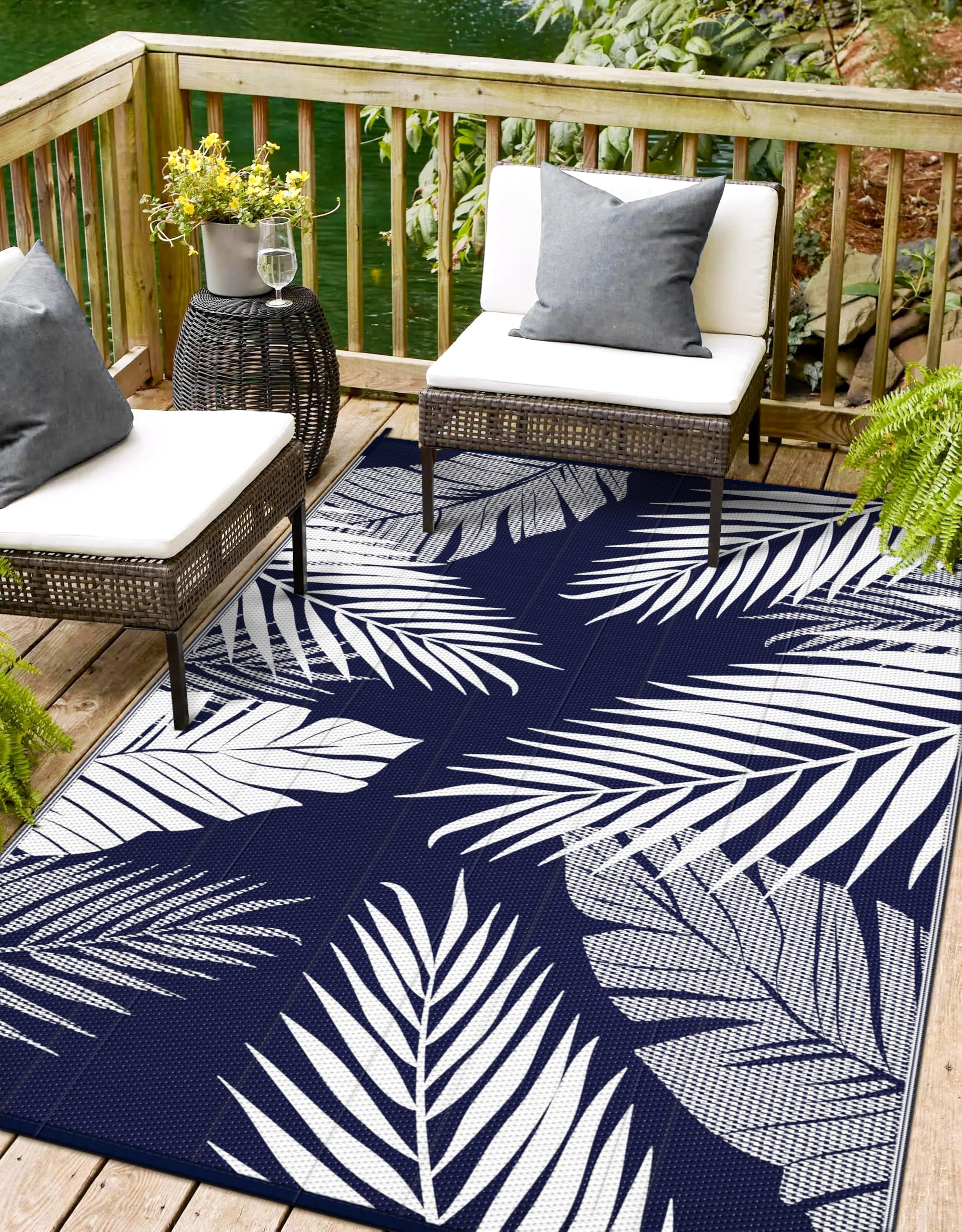 sarben Outdoor Rug 4' x 6' Waterproof for Patios Clearance, Reversible Plastic Straw Indoor Outdoor Rug for RV, Picnic, Backyard, Deck, Balcony, Porch, Beach, navyblue and White-image-39