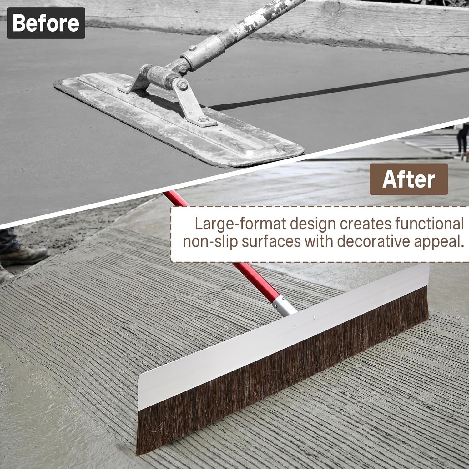 48" Aluminum Backed Concrete Broom with Handle Socket, 3" Poly & Horsehair Fibers, Concrete Finishing Broom for Driveways, Sidewalks, Wet Concrete, Multi-Purpose Floor Brush